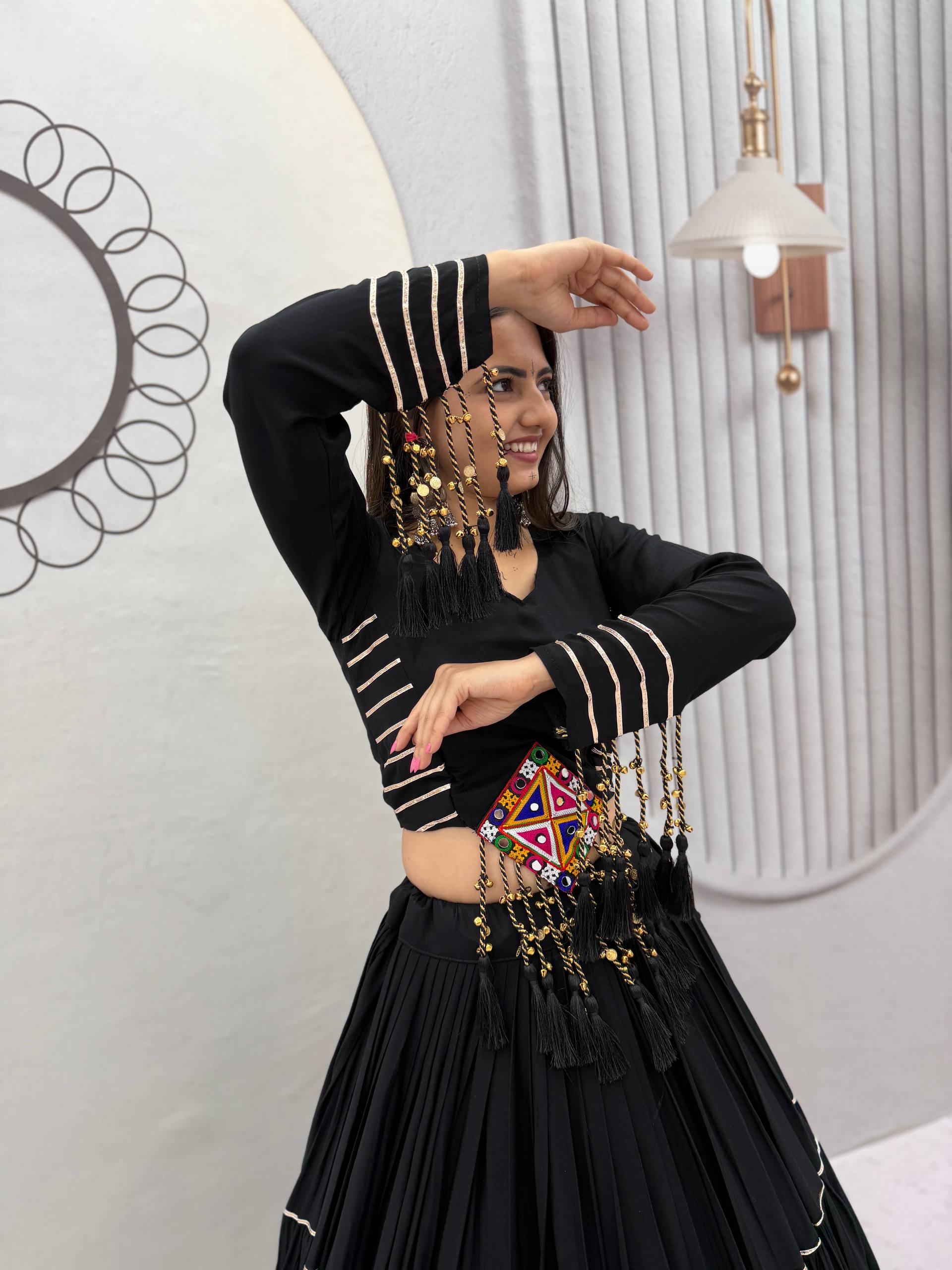 Black Cotton Gamthi Work Lehenga Choli with Mirror Embroidery & Tassel Details