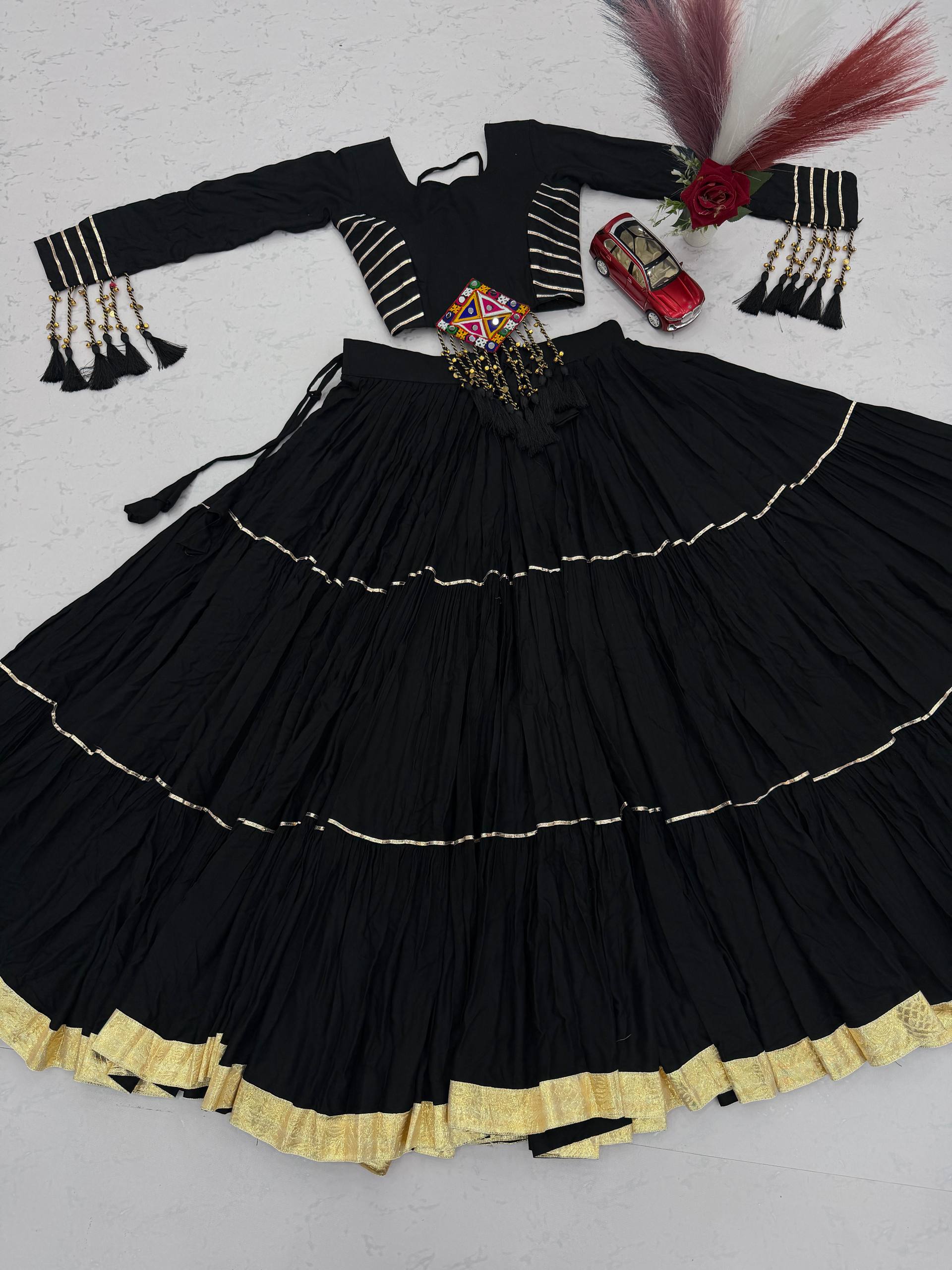 Black Cotton Gamthi Work Lehenga Choli with Mirror Embroidery & Tassel Details
