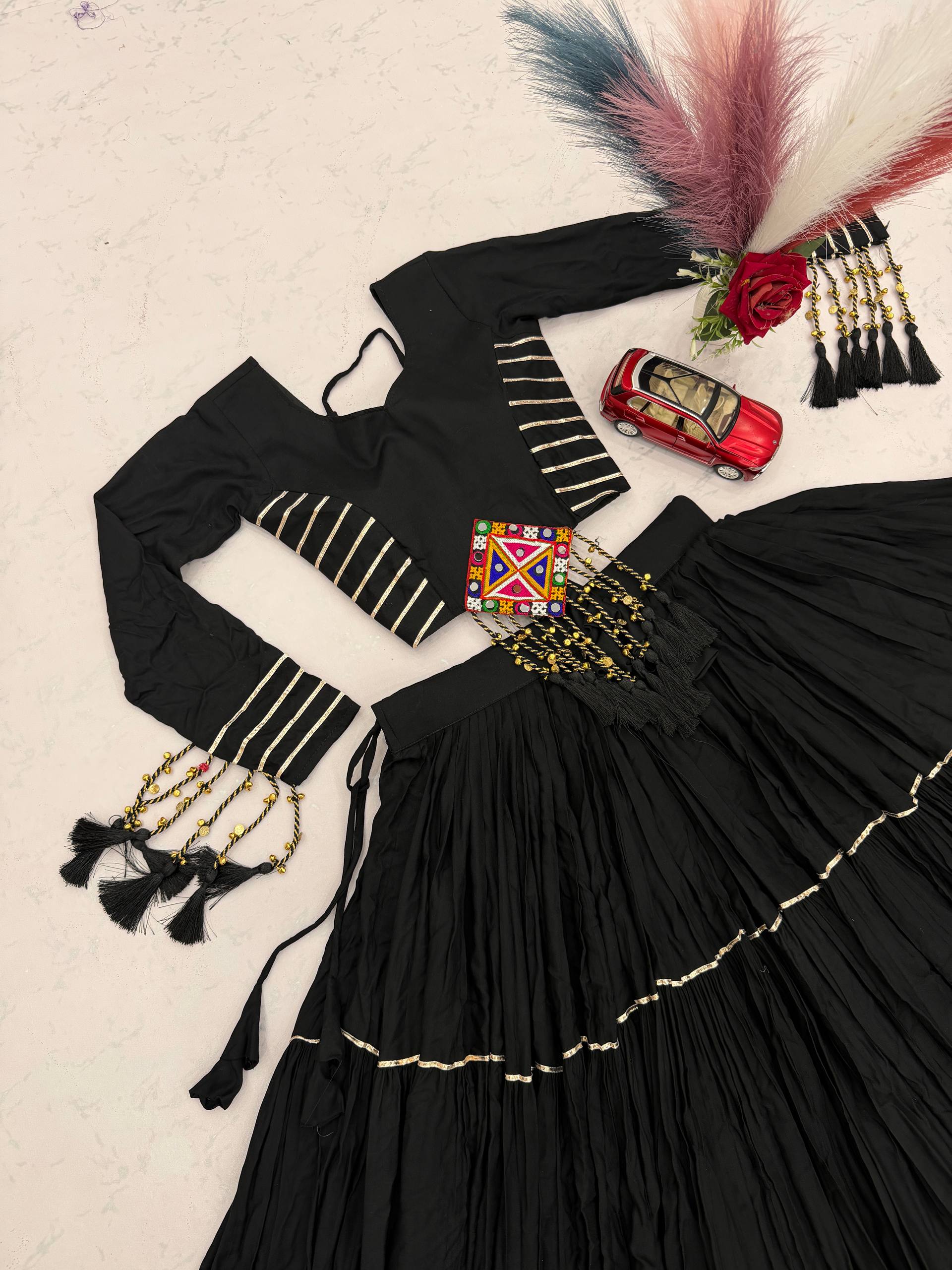 Black Cotton Gamthi Work Lehenga Choli with Mirror Embroidery & Tassel Details