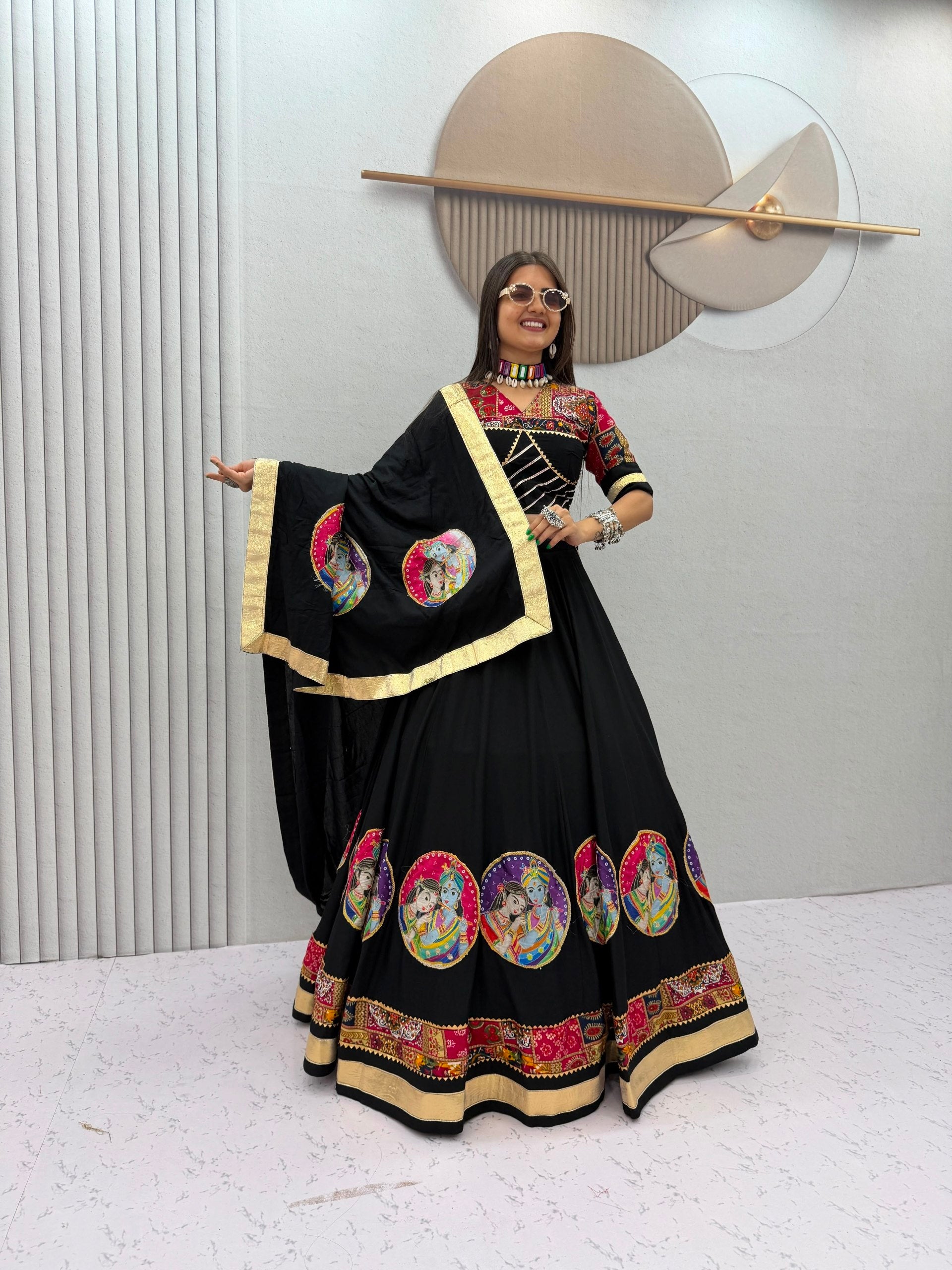 Black Pure Cotton Radha Krishna Print Lehenga Choli with Dupatta