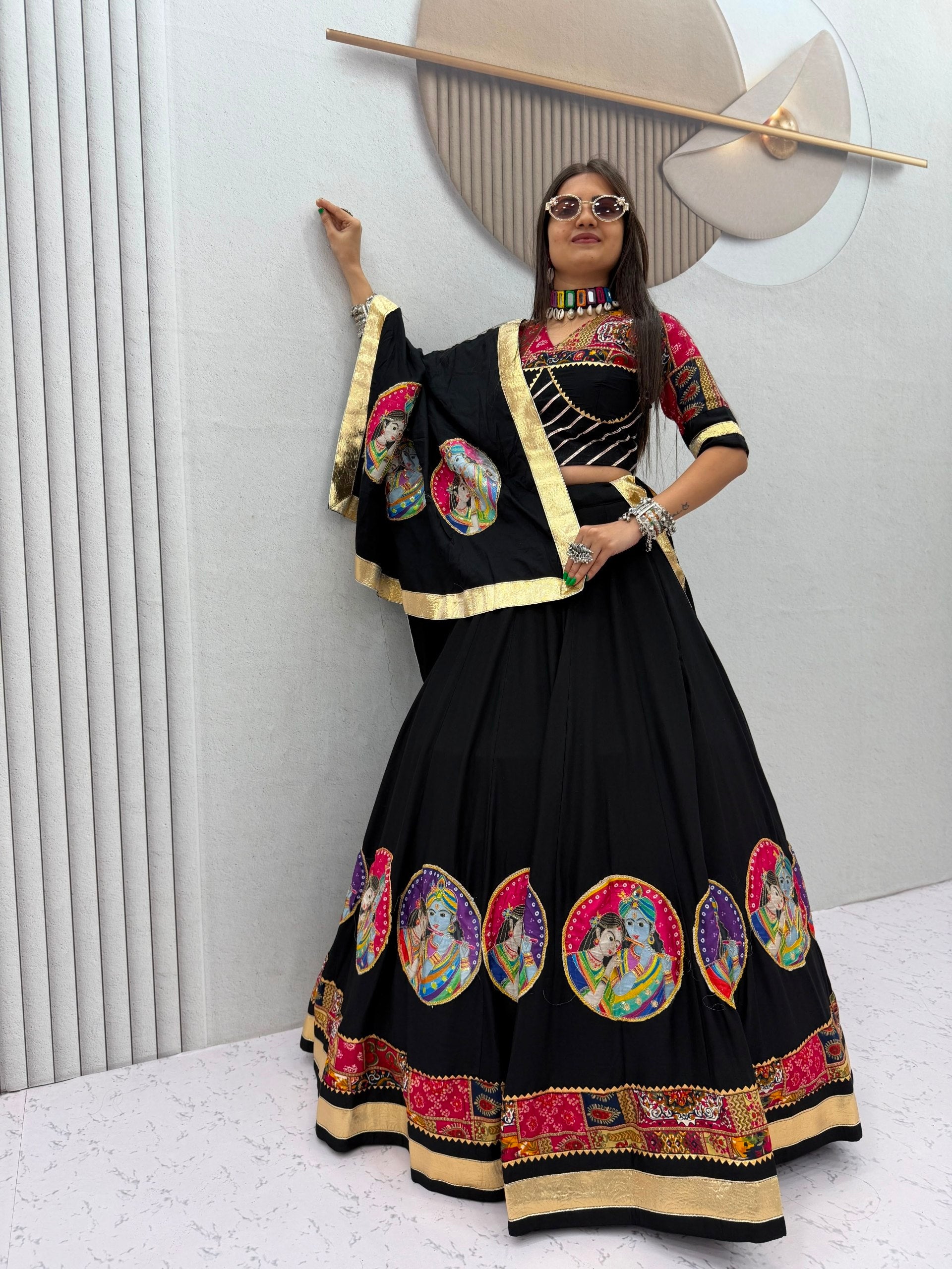 Black Pure Cotton Radha Krishna Print Lehenga Choli with Dupatta
