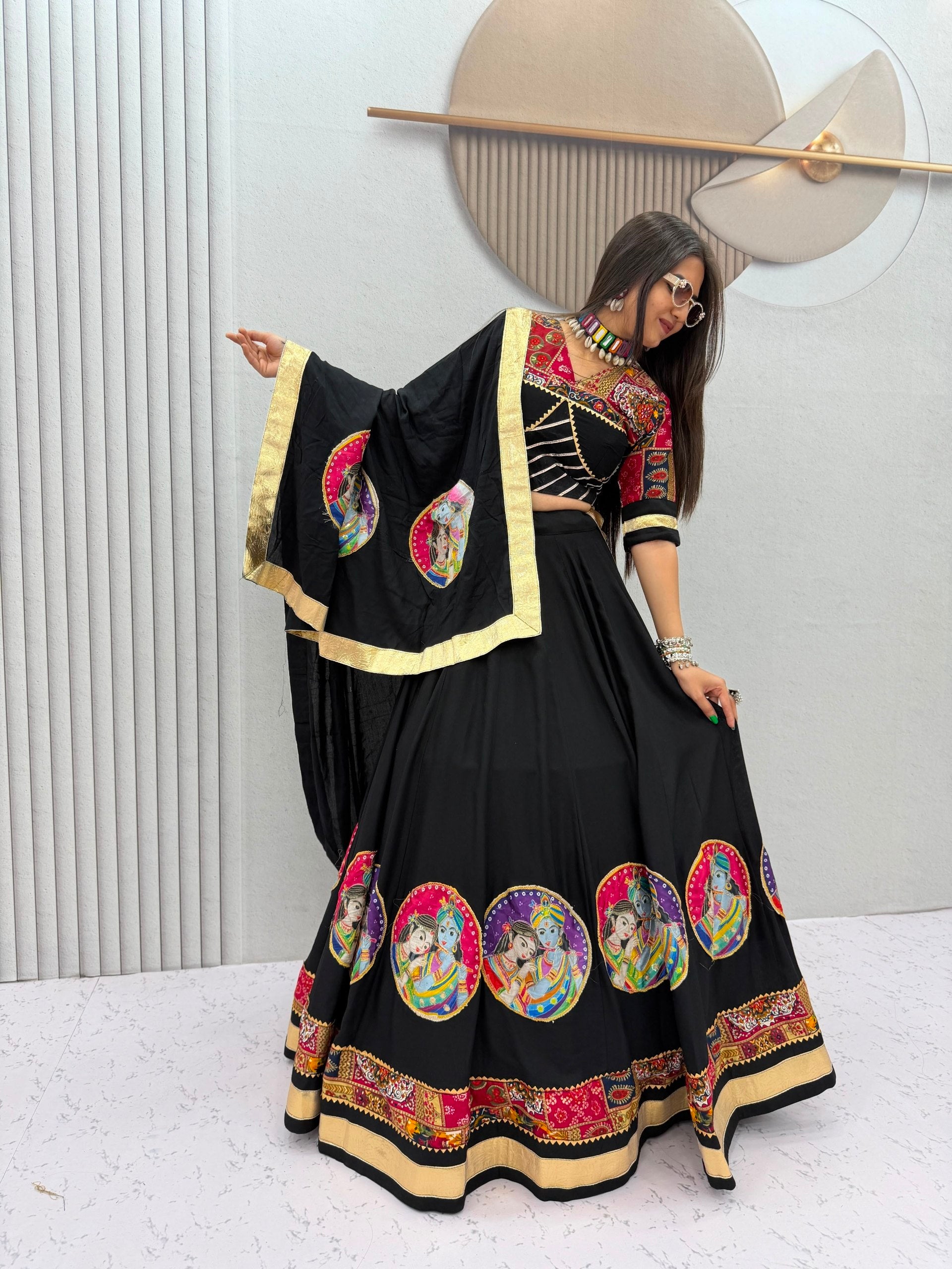 Black Pure Cotton Radha Krishna Print Lehenga Choli with Dupatta