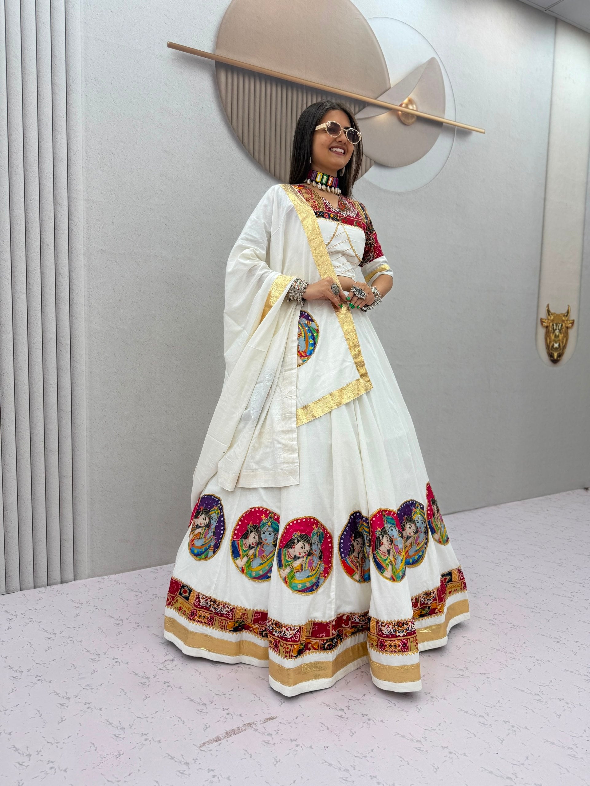 Ivory White Pure Cotton Radha Krishna Print Lehenga Choli with Dupatta