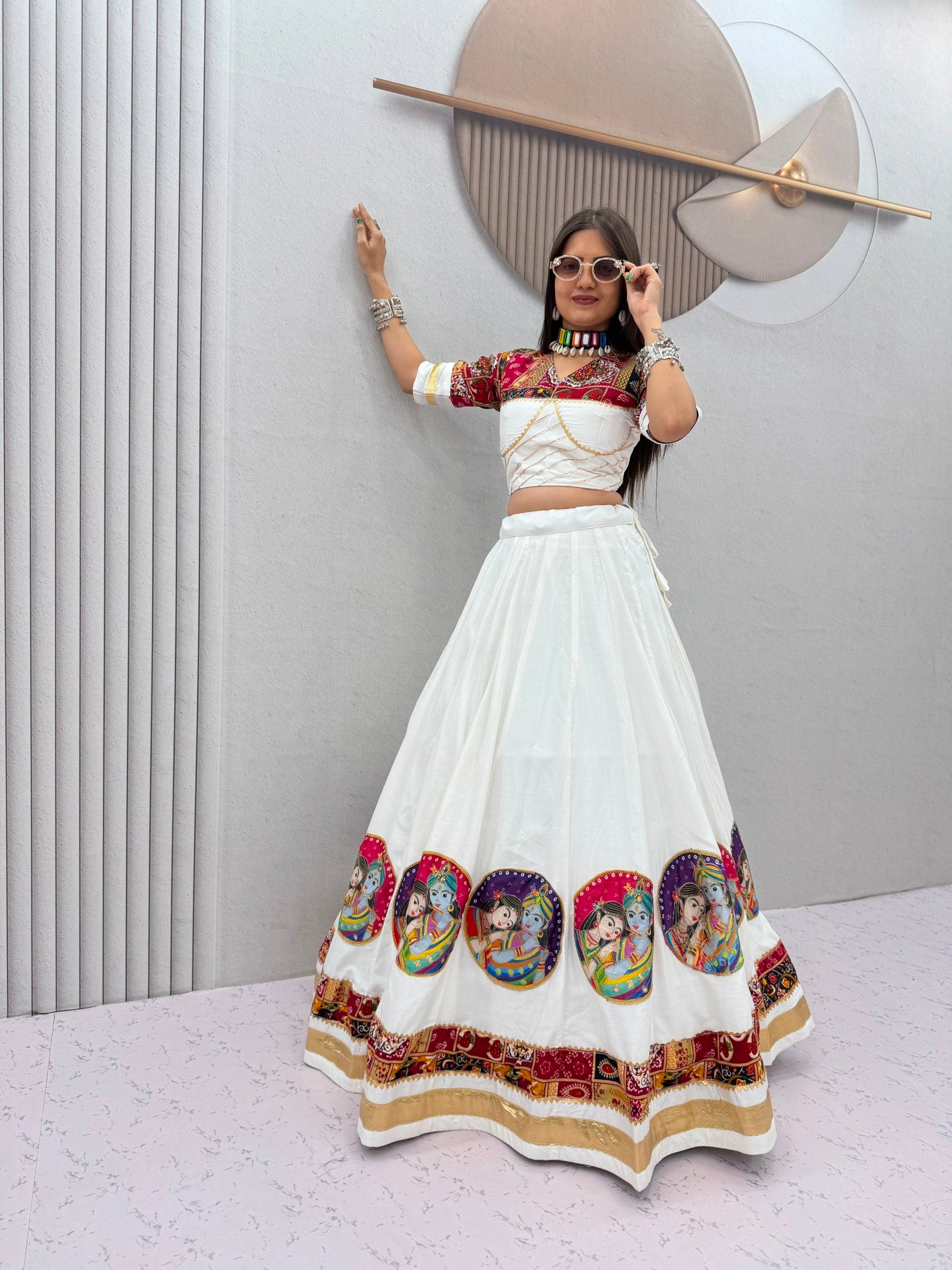 Ivory White Pure Cotton Radha Krishna Print Lehenga Choli with Dupatta