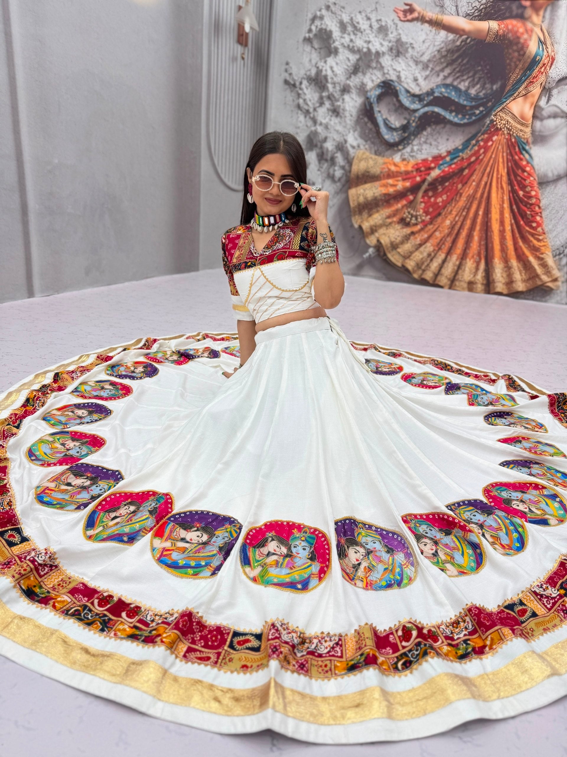 Ivory White Pure Cotton Radha Krishna Print Lehenga Choli with Dupatta