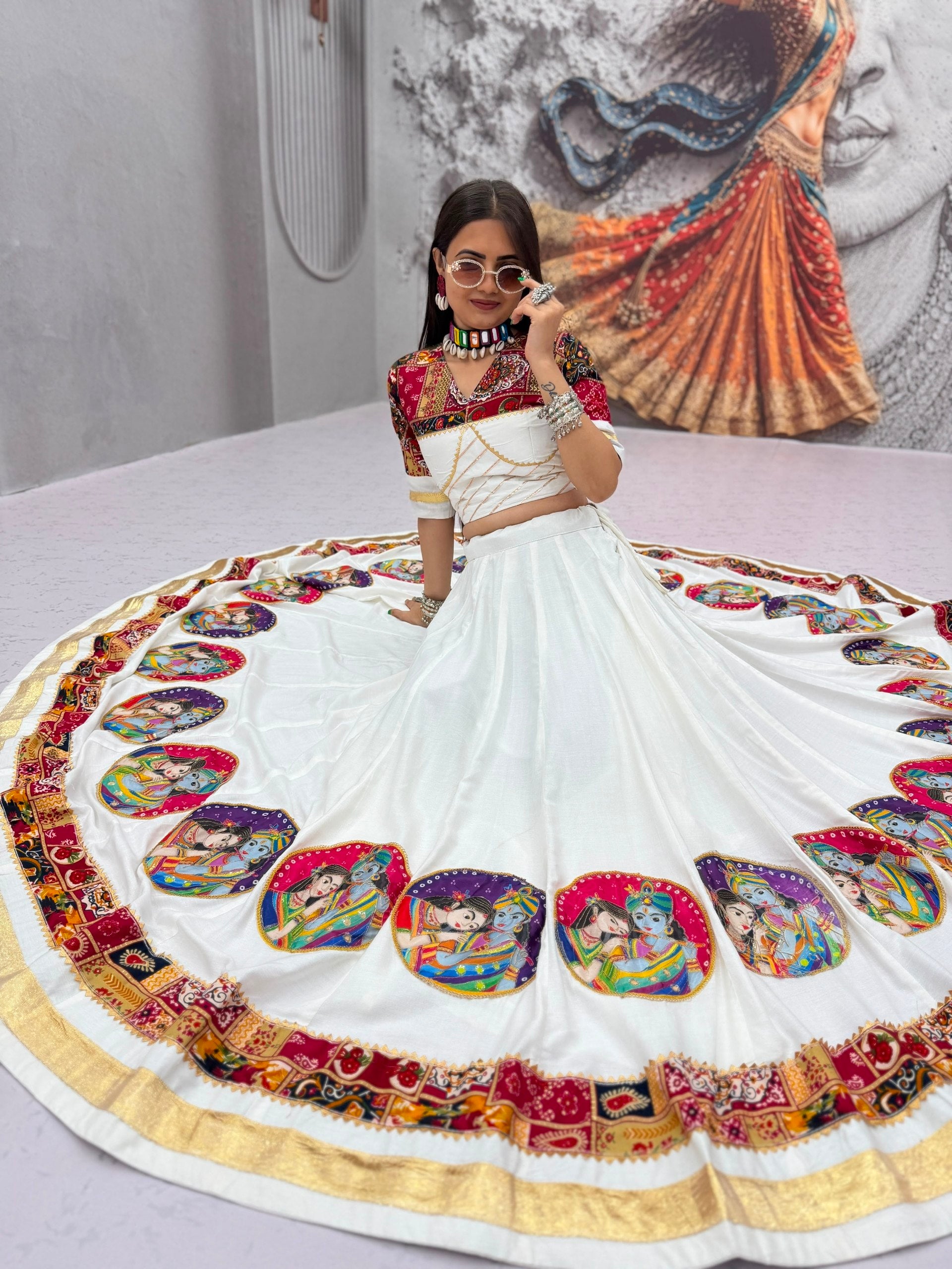 Ivory White Pure Cotton Radha Krishna Print Lehenga Choli with Dupatta