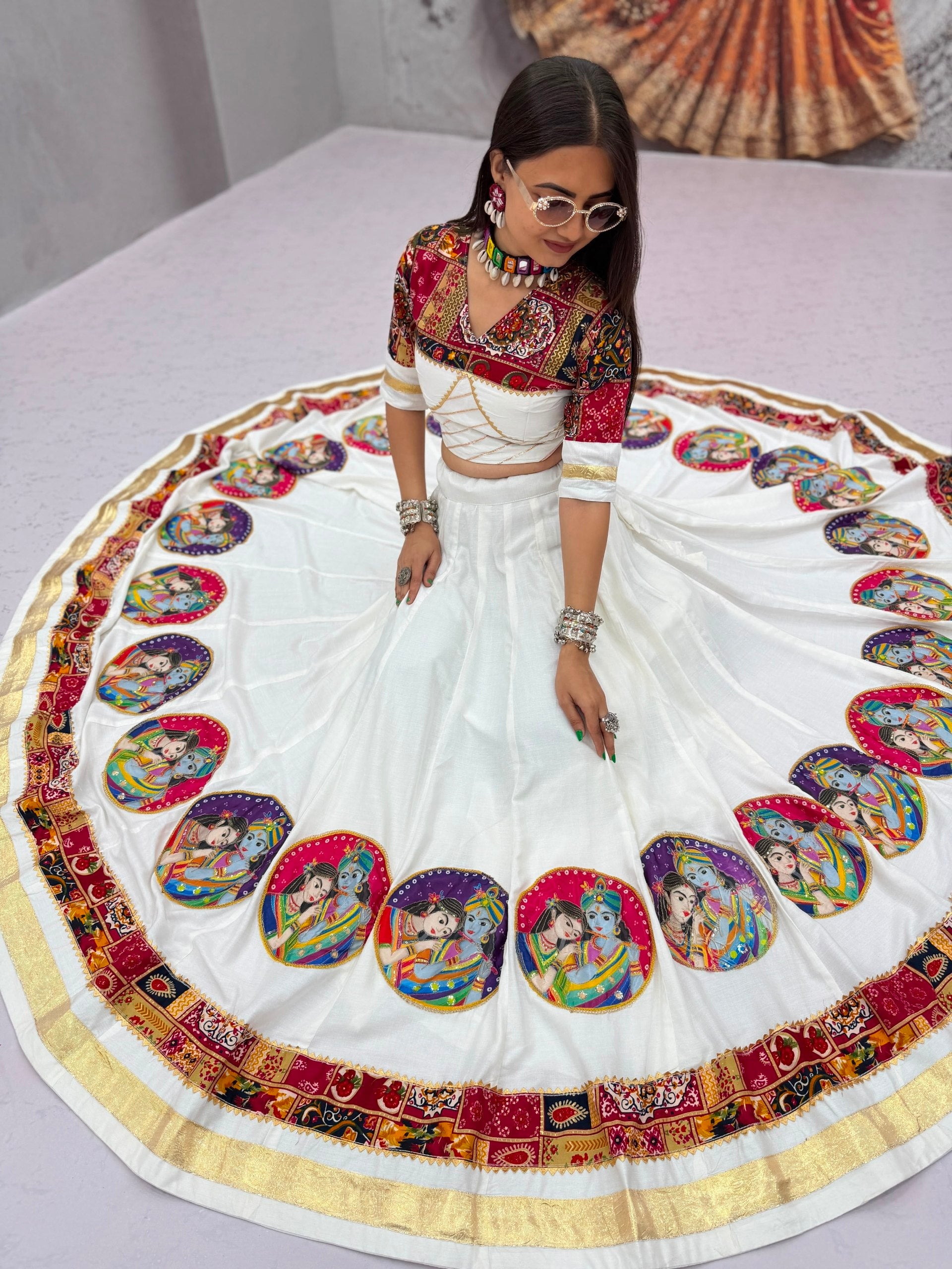 Ivory White Pure Cotton Radha Krishna Print Lehenga Choli with Dupatta