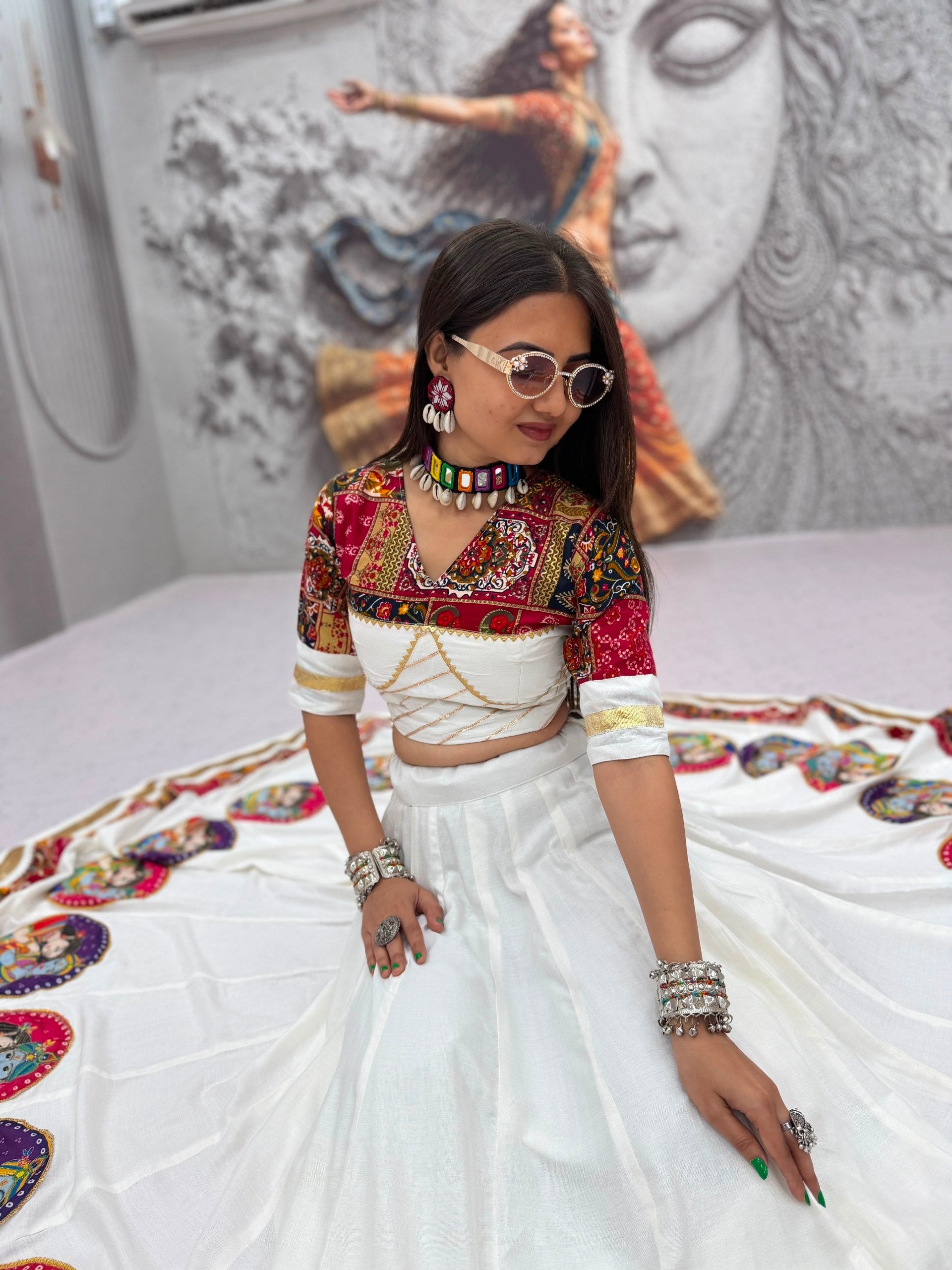 Ivory White Pure Cotton Radha Krishna Print Lehenga Choli with Dupatta