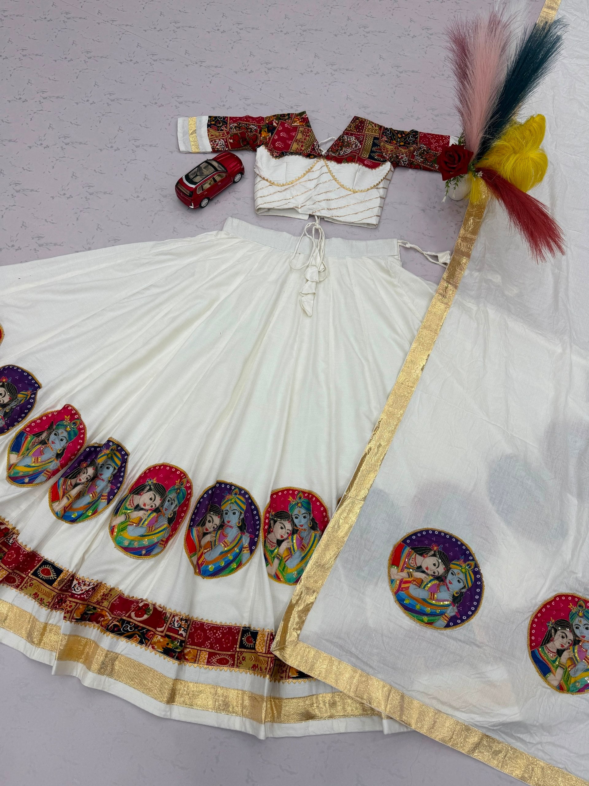 Ivory White Pure Cotton Radha Krishna Print Lehenga Choli with Dupatta