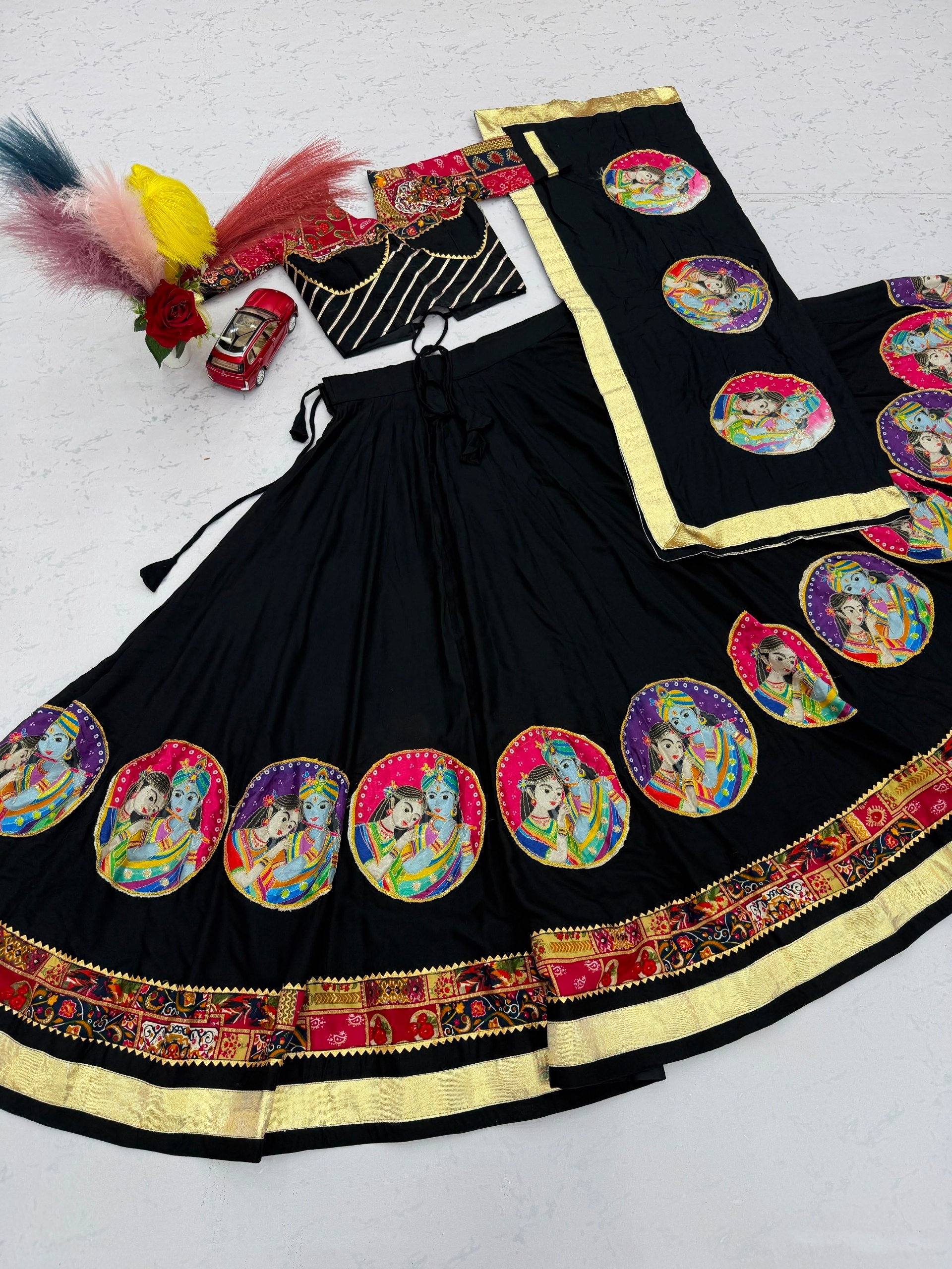 Black Pure Cotton Radha Krishna Print Lehenga Choli with Dupatta