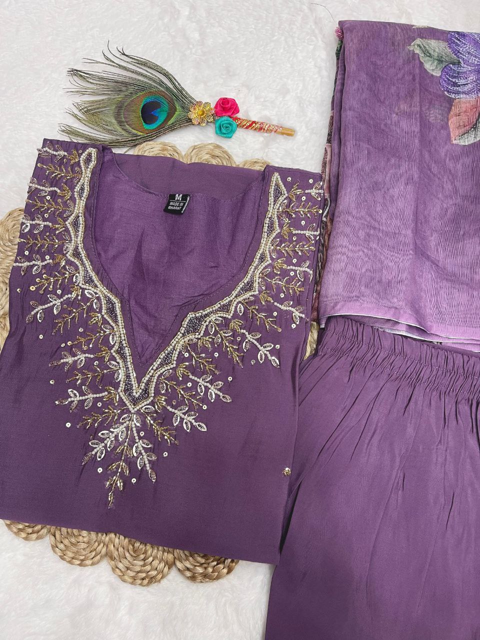 Diwali Special Purple Kurti Pant Dupatta Set