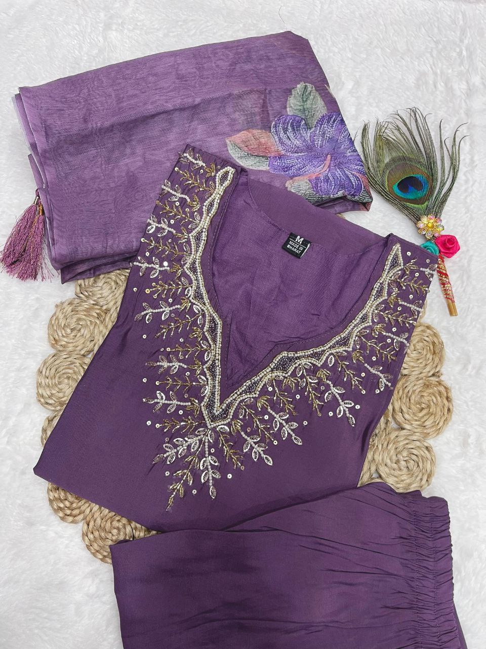 Diwali Special Purple Kurti Pant Dupatta Set