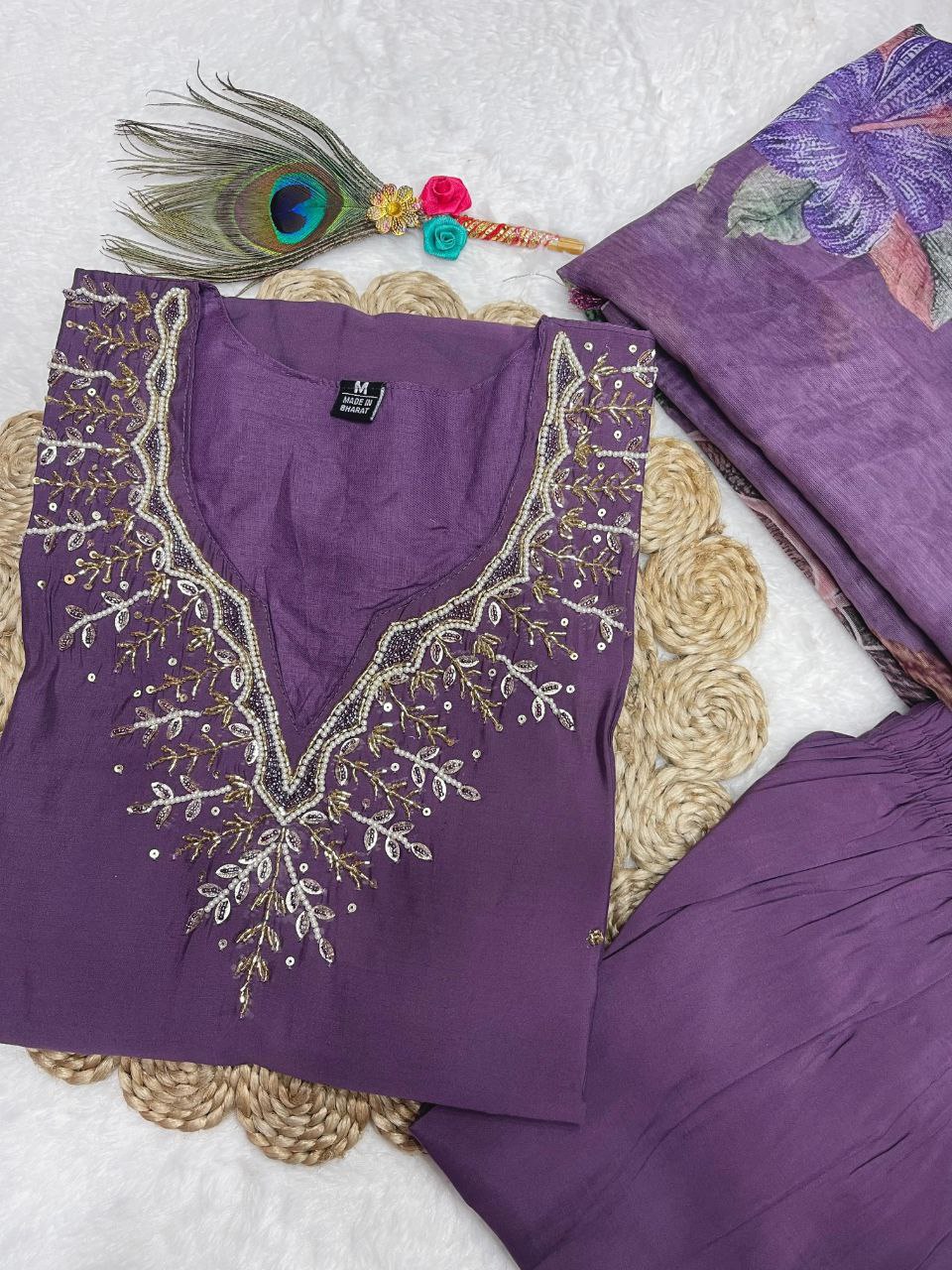 Diwali Special Purple Kurti Pant Dupatta Set