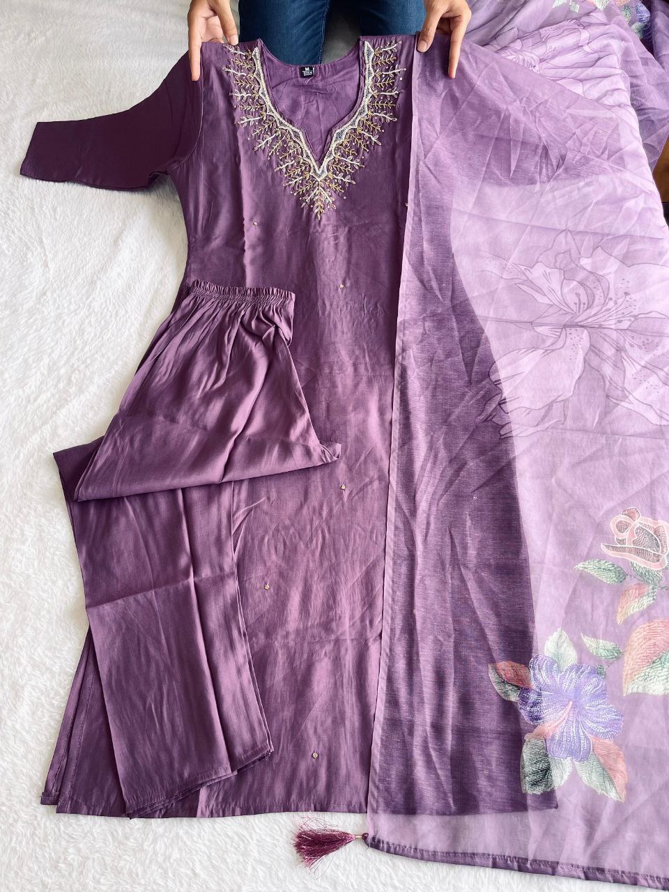 Diwali Special Purple Kurti Pant Dupatta Set