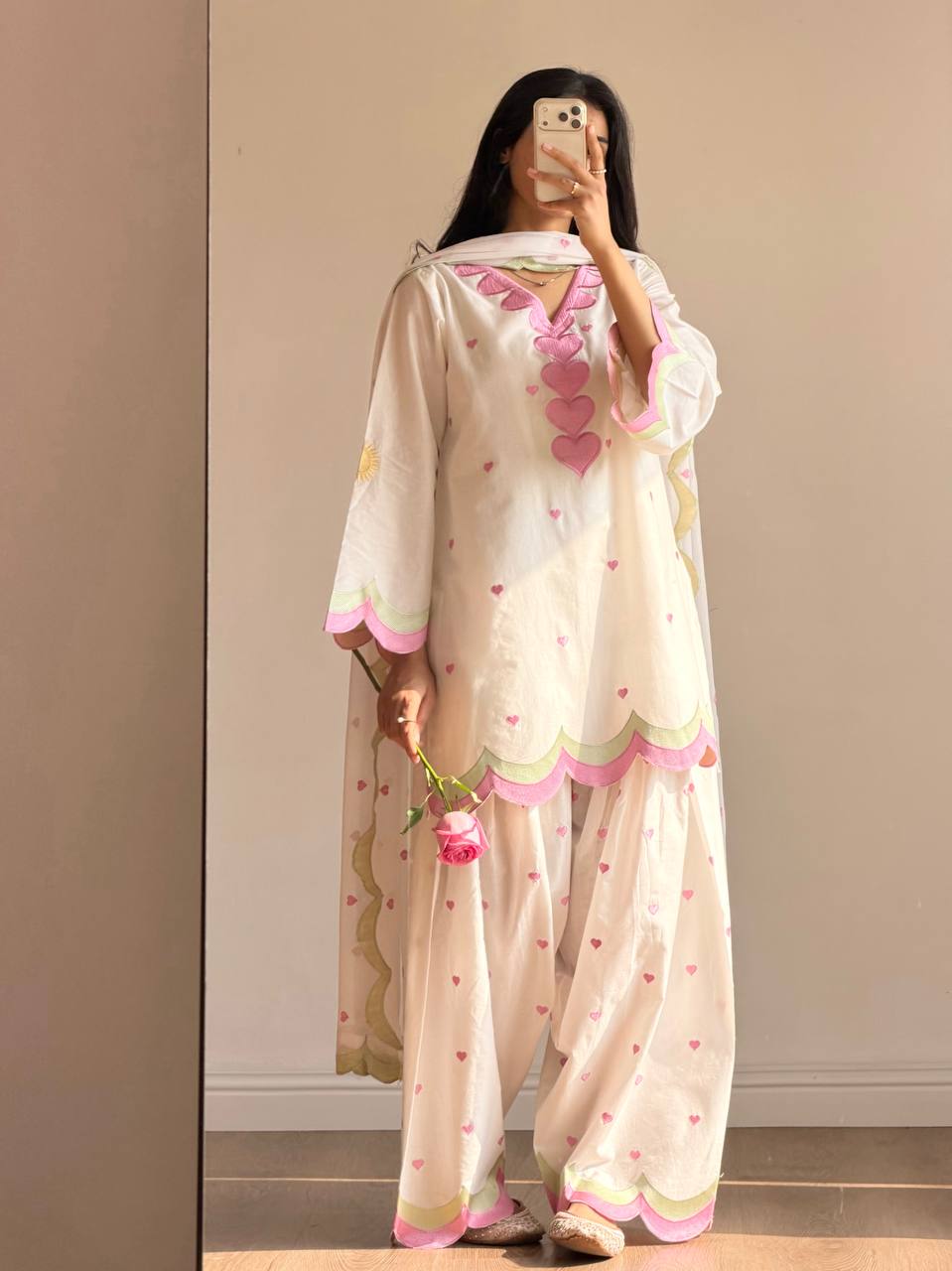 Ivory Pink & Olive Green Mal Chanderi Farshi Salwar Suit Set