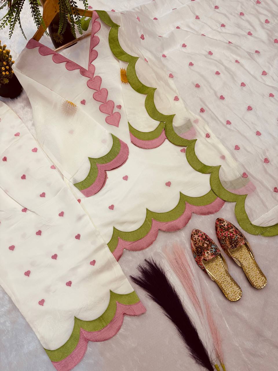Ivory Pink & Olive Green Mal Chanderi Farshi Salwar Suit Set