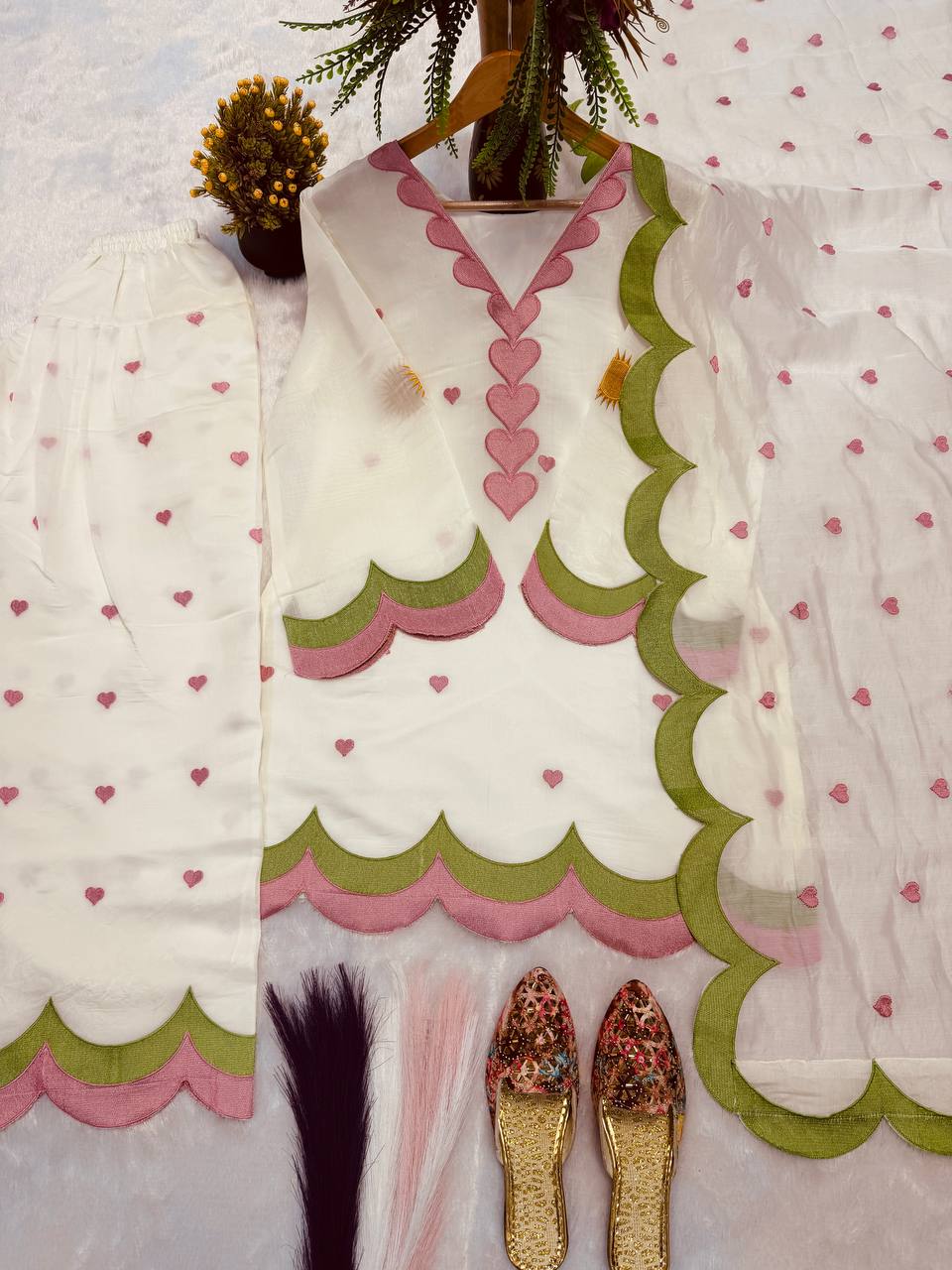 Ivory Pink & Olive Green Mal Chanderi Farshi Salwar Suit Set