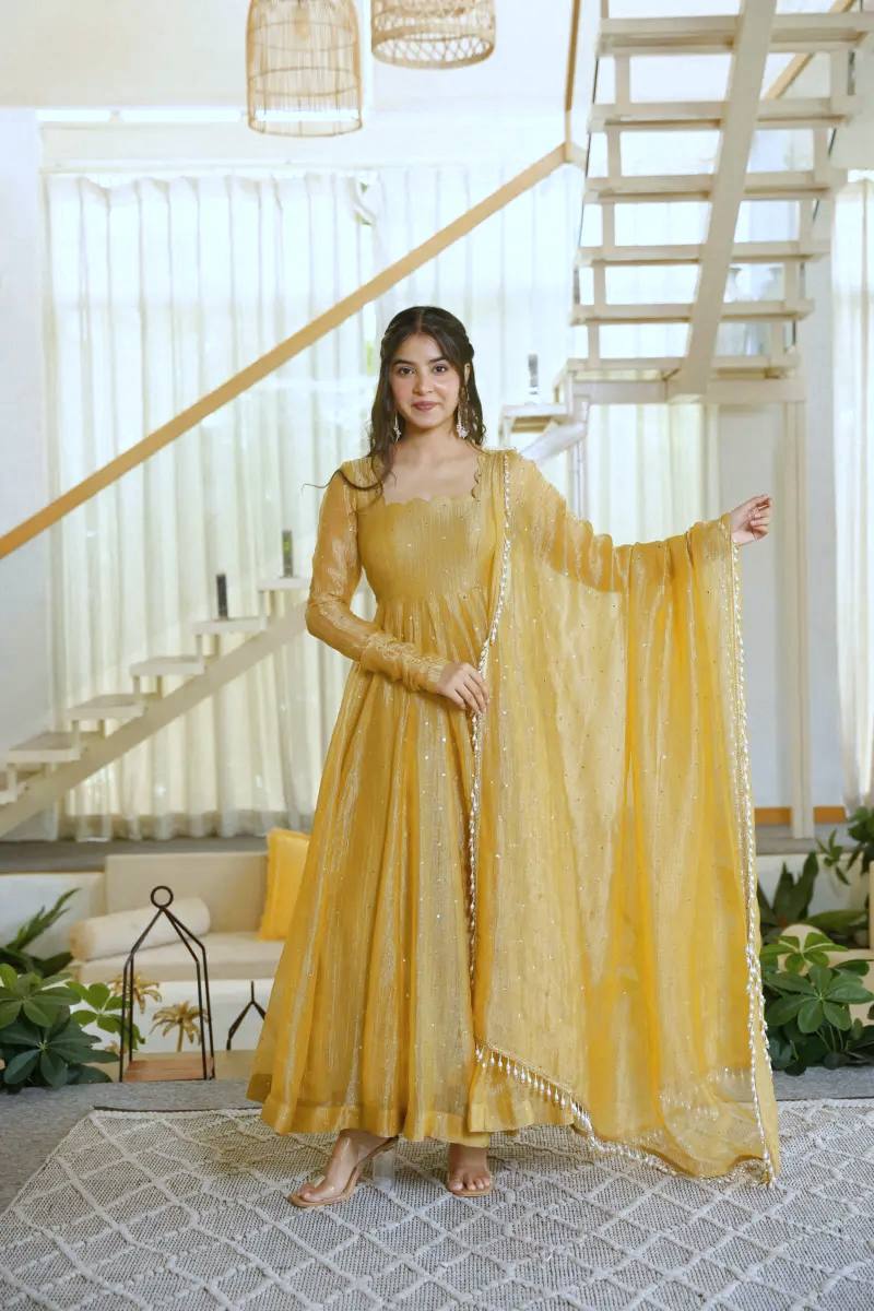 Mustard Yellow Salsa Silk Foil Work Gown Pant Set with Dupatta