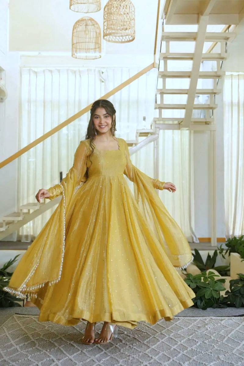 Mustard Yellow Salsa Silk Foil Work Gown Pant Set with Dupatta
