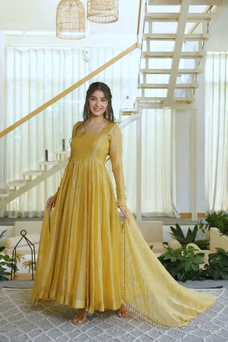Mustard Yellow Salsa Silk Foil Work Gown Pant Set with Dupatta