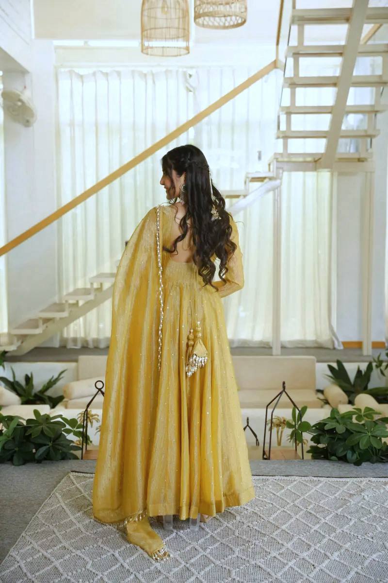 Mustard Yellow Salsa Silk Foil Work Gown Pant Set with Dupatta