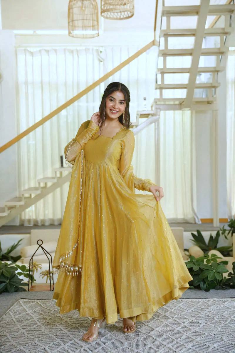 Mustard Yellow Salsa Silk Foil Work Gown Pant Set with Dupatta
