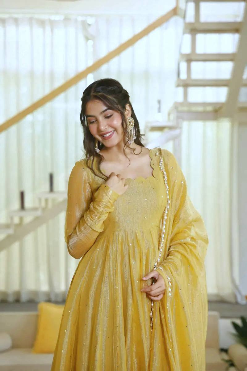 Mustard Yellow Salsa Silk Foil Work Gown Pant Set with Dupatta