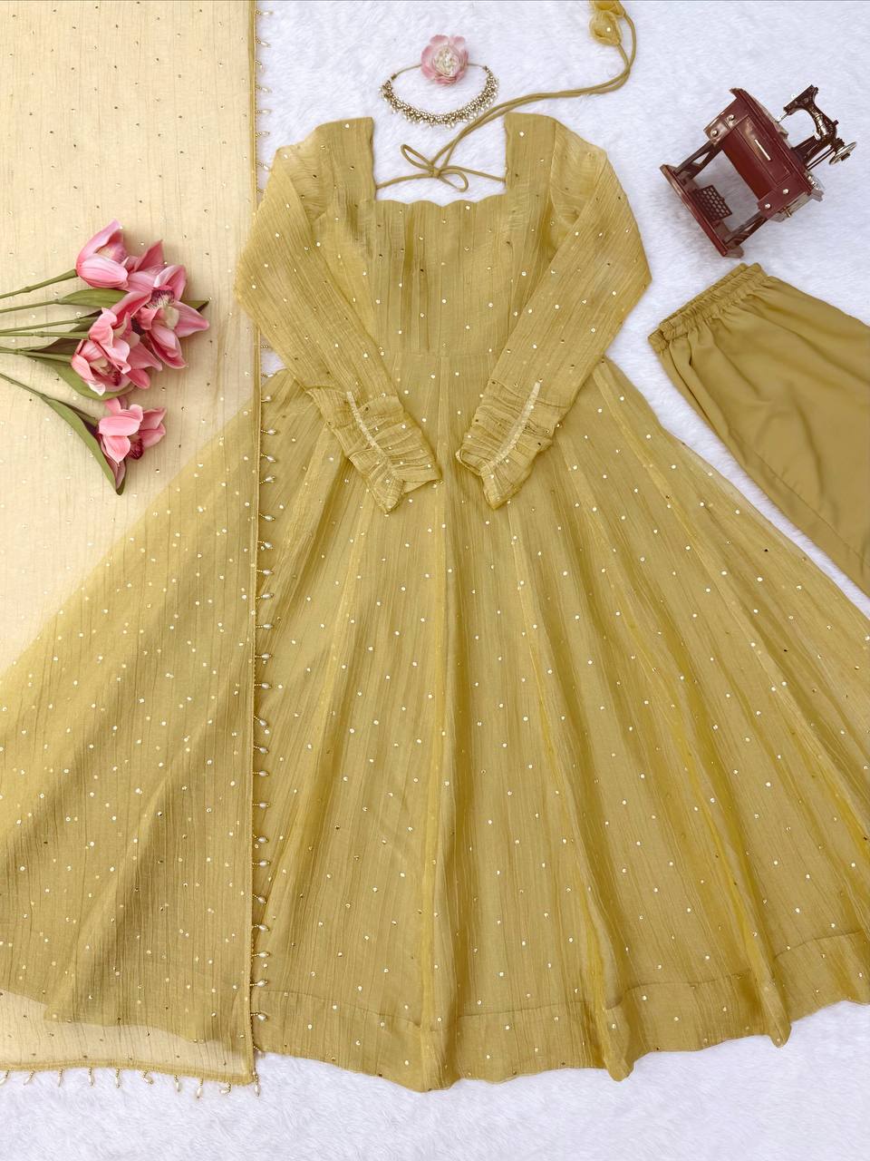 Mustard Yellow Salsa Silk Foil Work Gown Pant Set with Dupatta