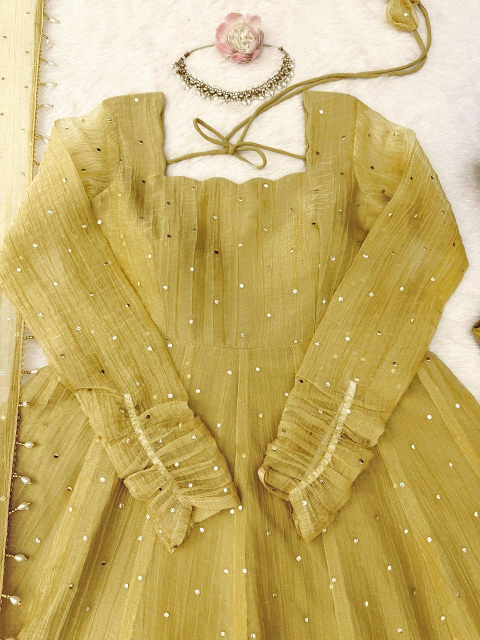 Mustard Yellow Salsa Silk Foil Work Gown Pant Set with Dupatta
