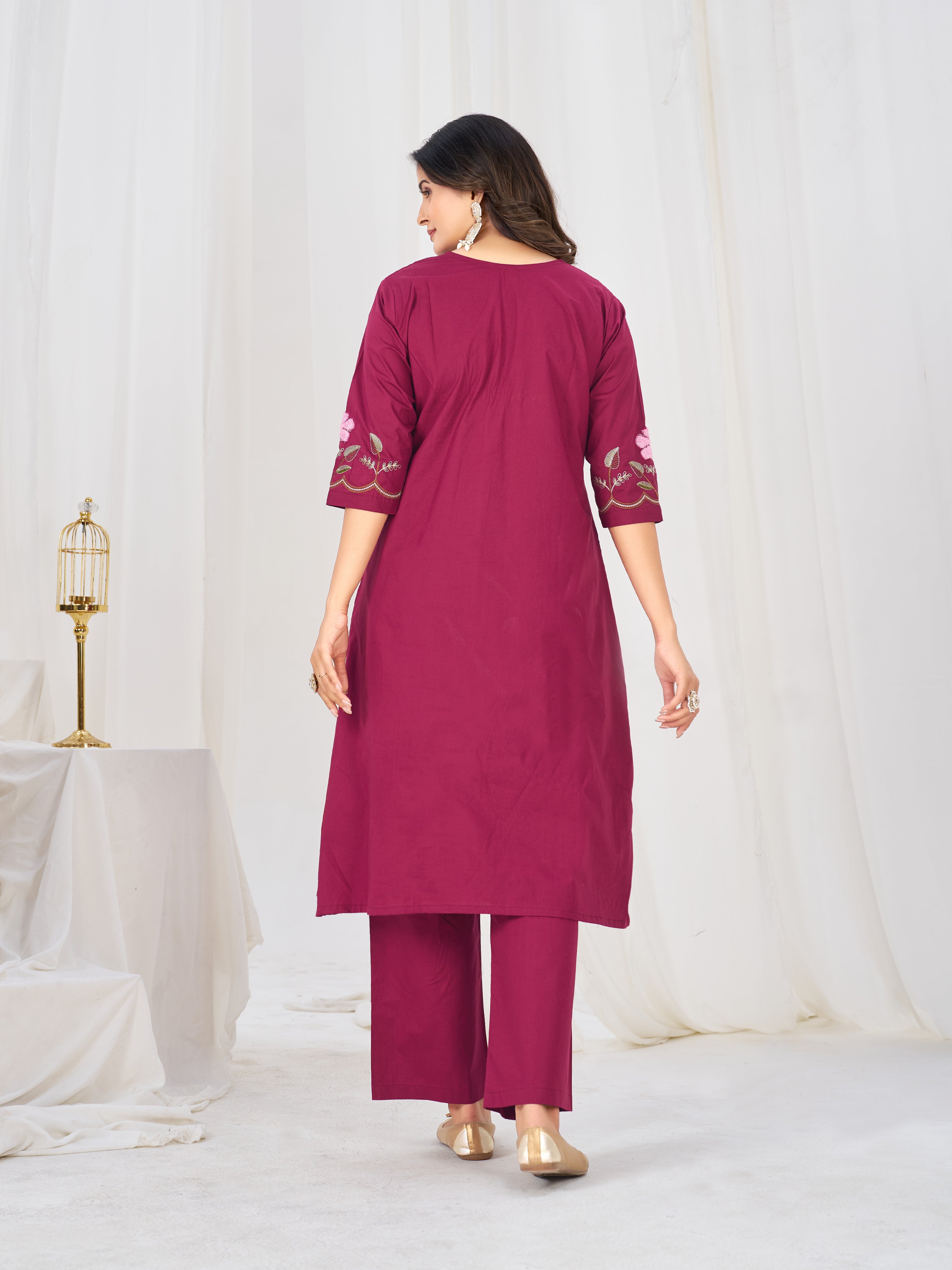Pink Pure Cotton Floral Embroidered Anarkali Kurti Set with Dupatta