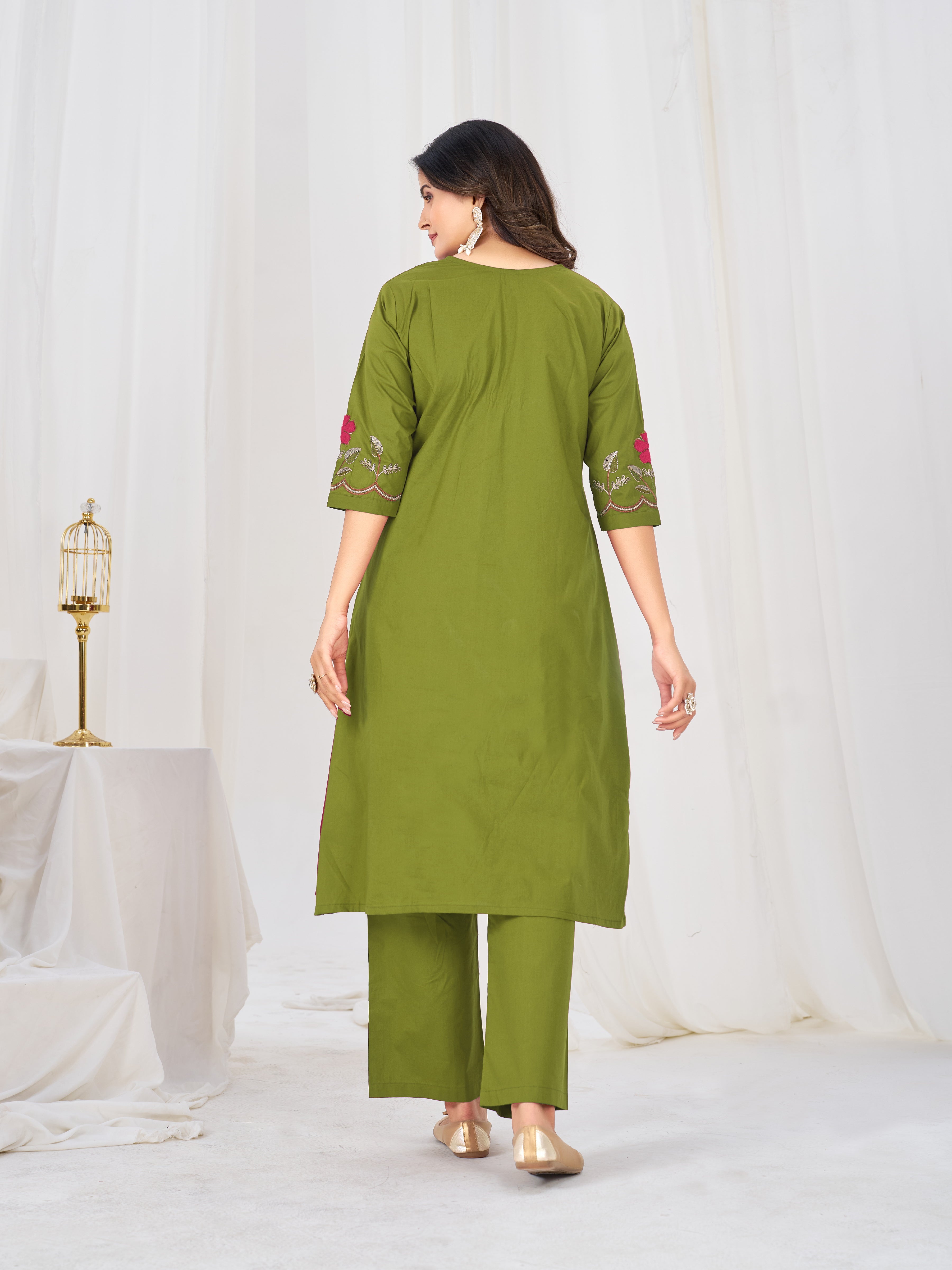 Olive Green Pure Cotton Embroidered Anarkali Kurti Set with Dupatta & Culottes Pant