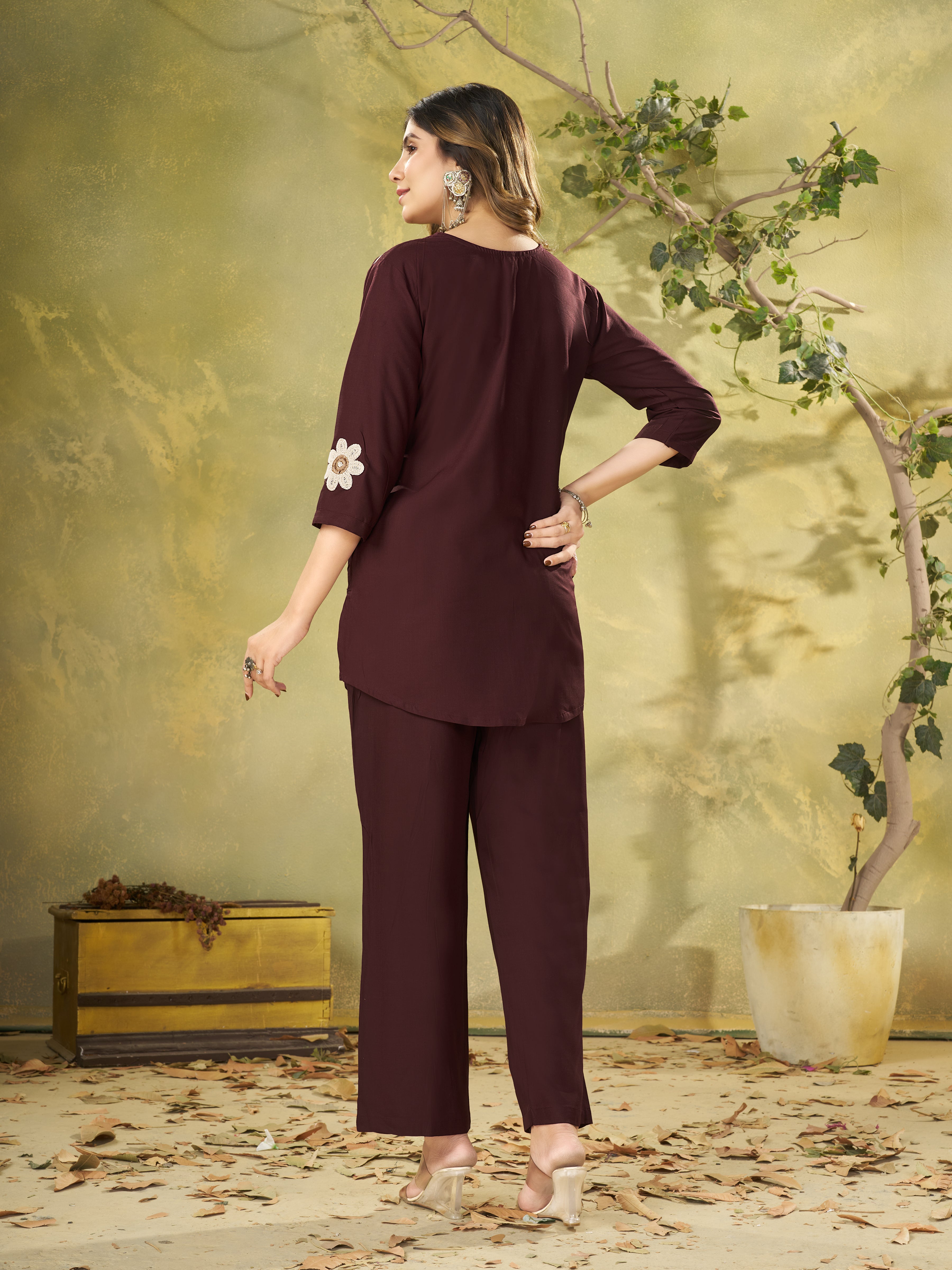 Coffee Brown Heavy Rayon Floral Embroidered Co-Ord Set