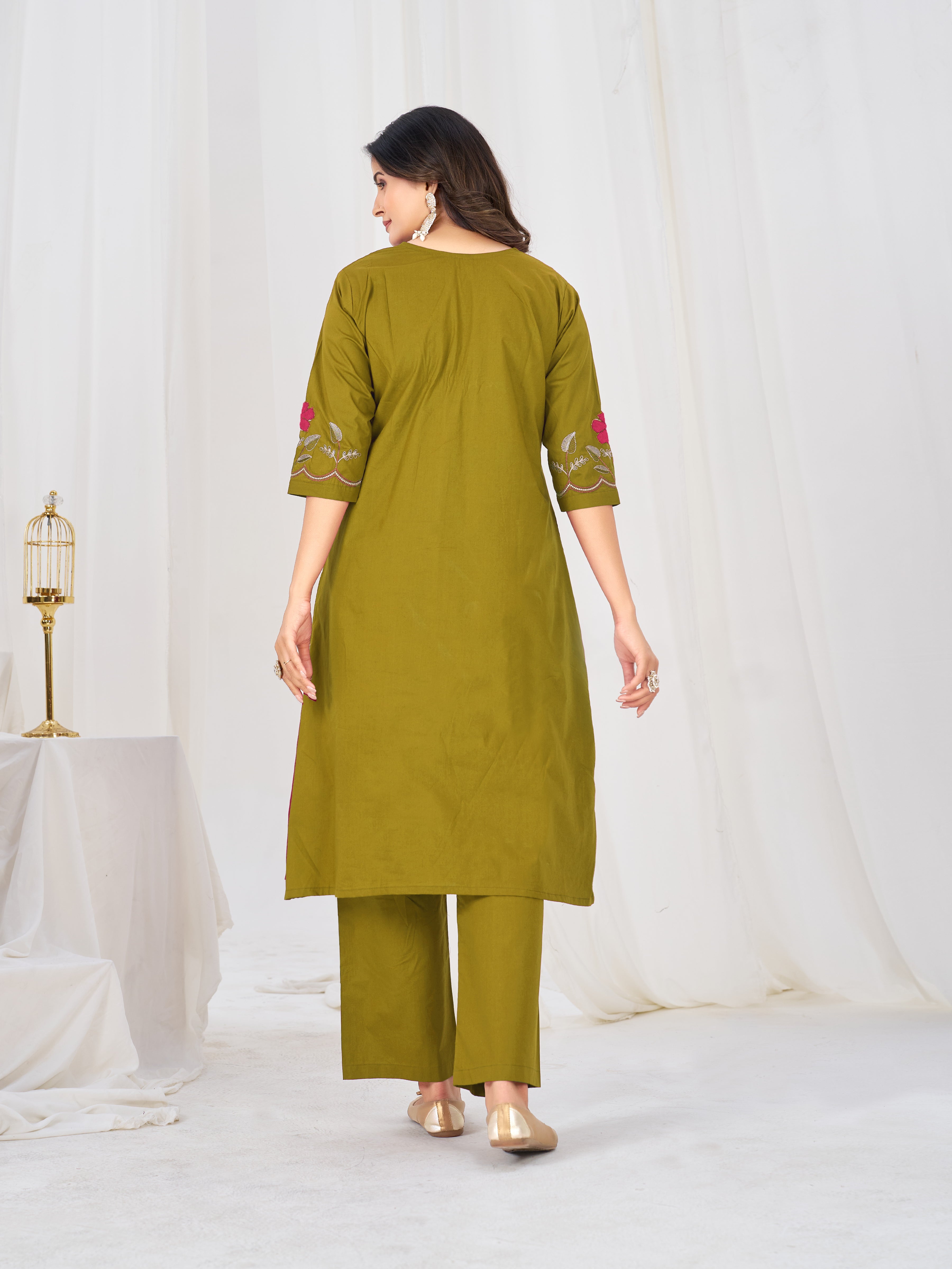 Mehendi Green Pure Cotton Embroidered Anarkali Kurti Set with Dupatta & Palazzo Pant
