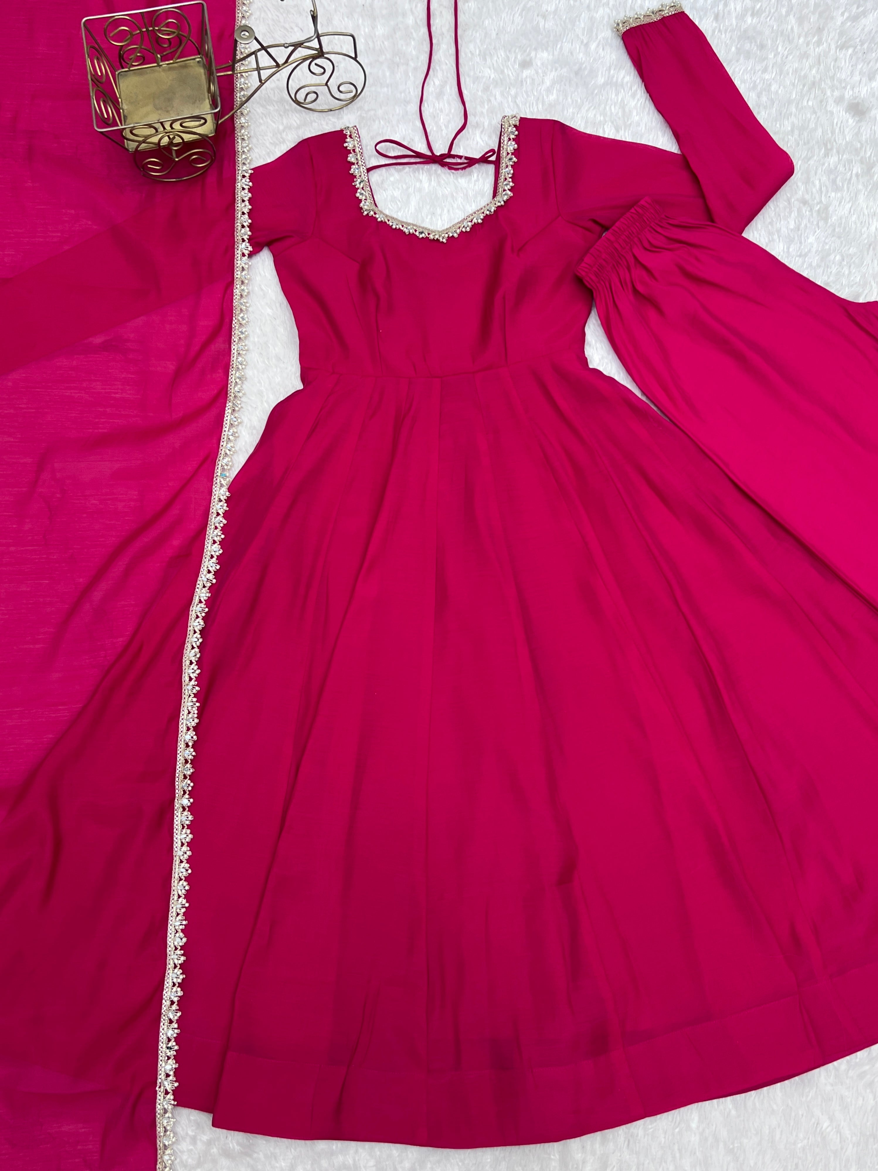 Fuchsia Pink Pure Mal Chanderi Flared Anarkali Suit Set