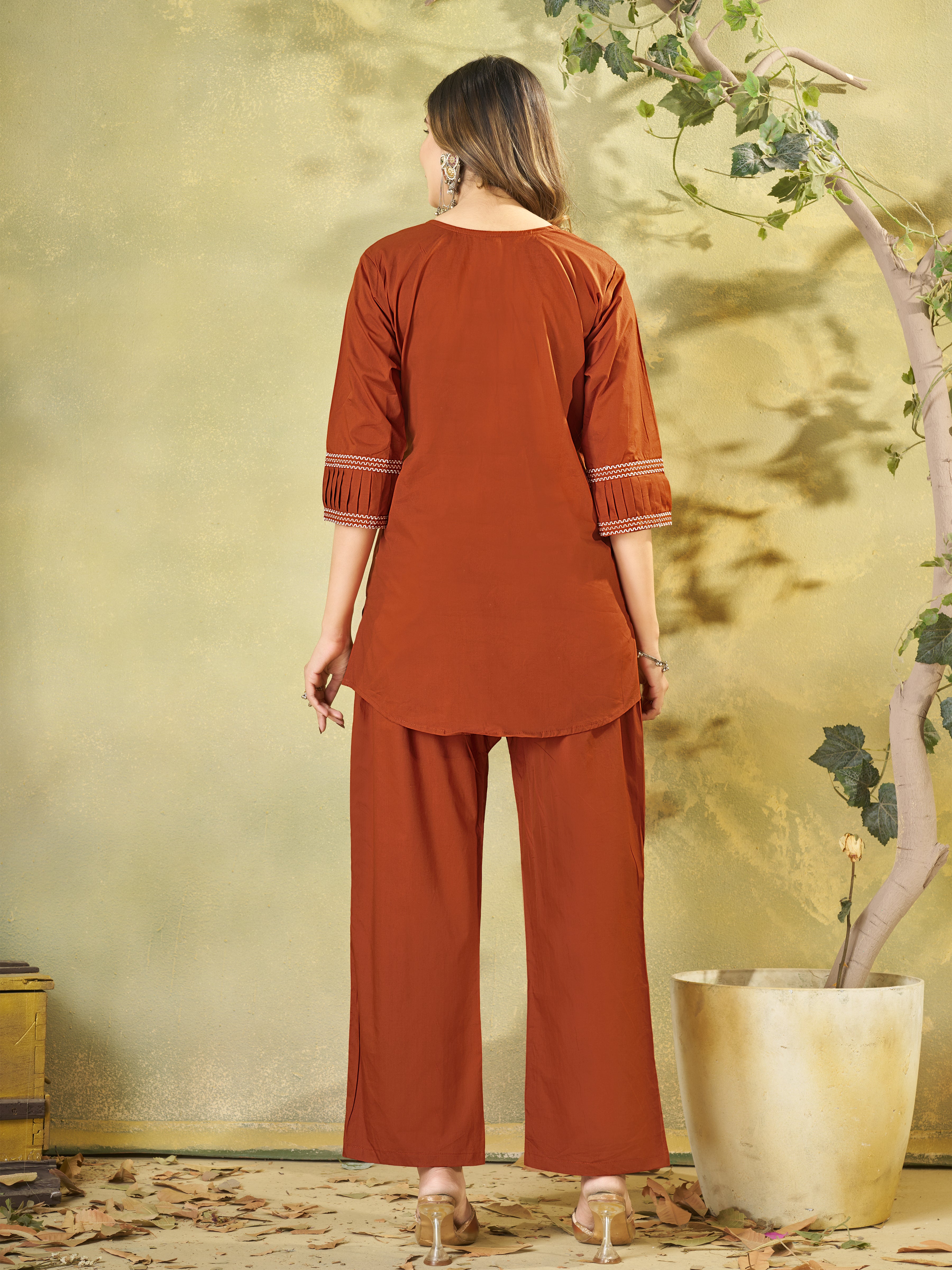 Rust Orange Pure Cotton Embroidered Co-Ord Set with Straight Pant