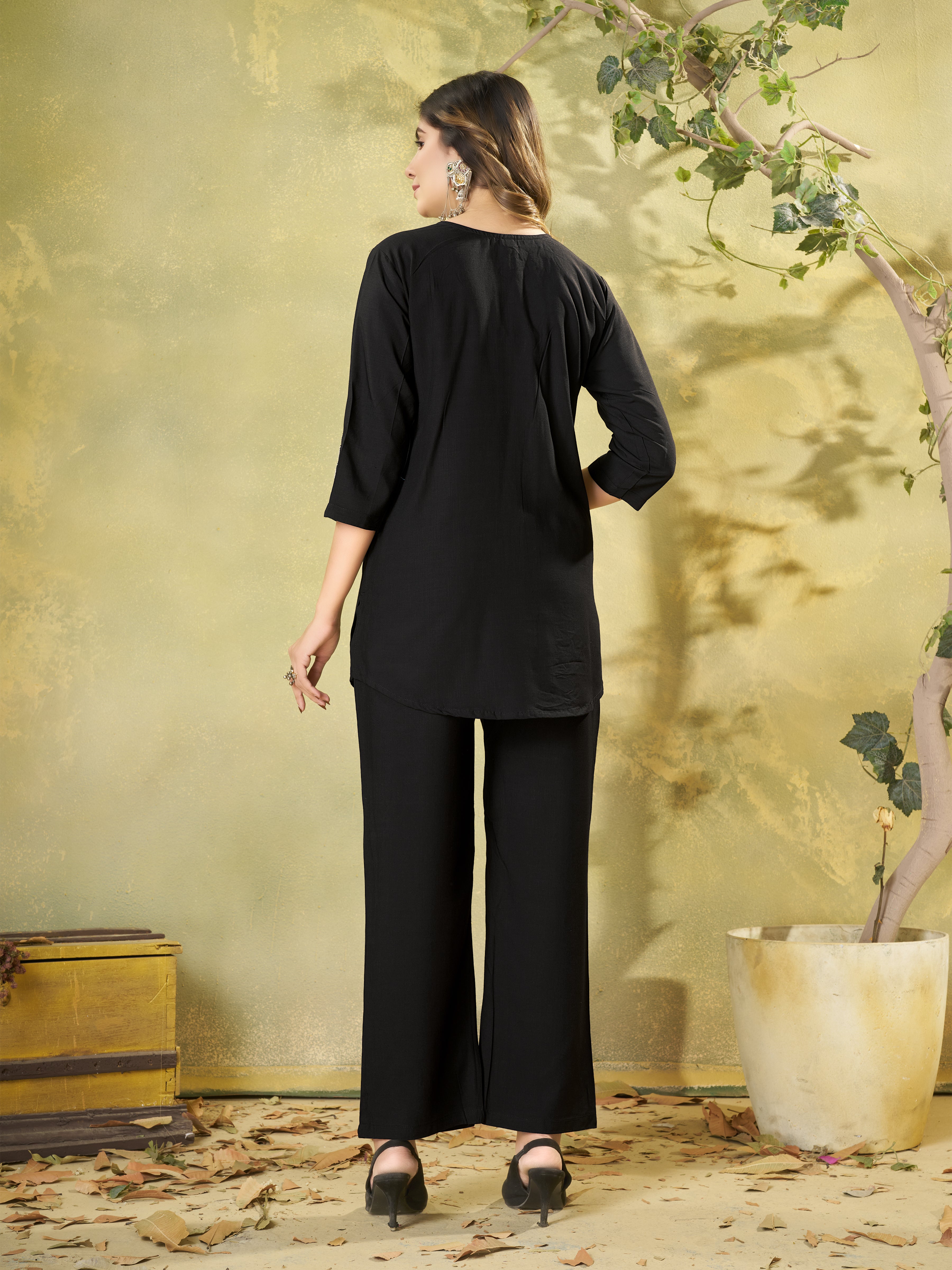 Black Floral Embroidered Heavy Rayon Co-Ord Set for Women