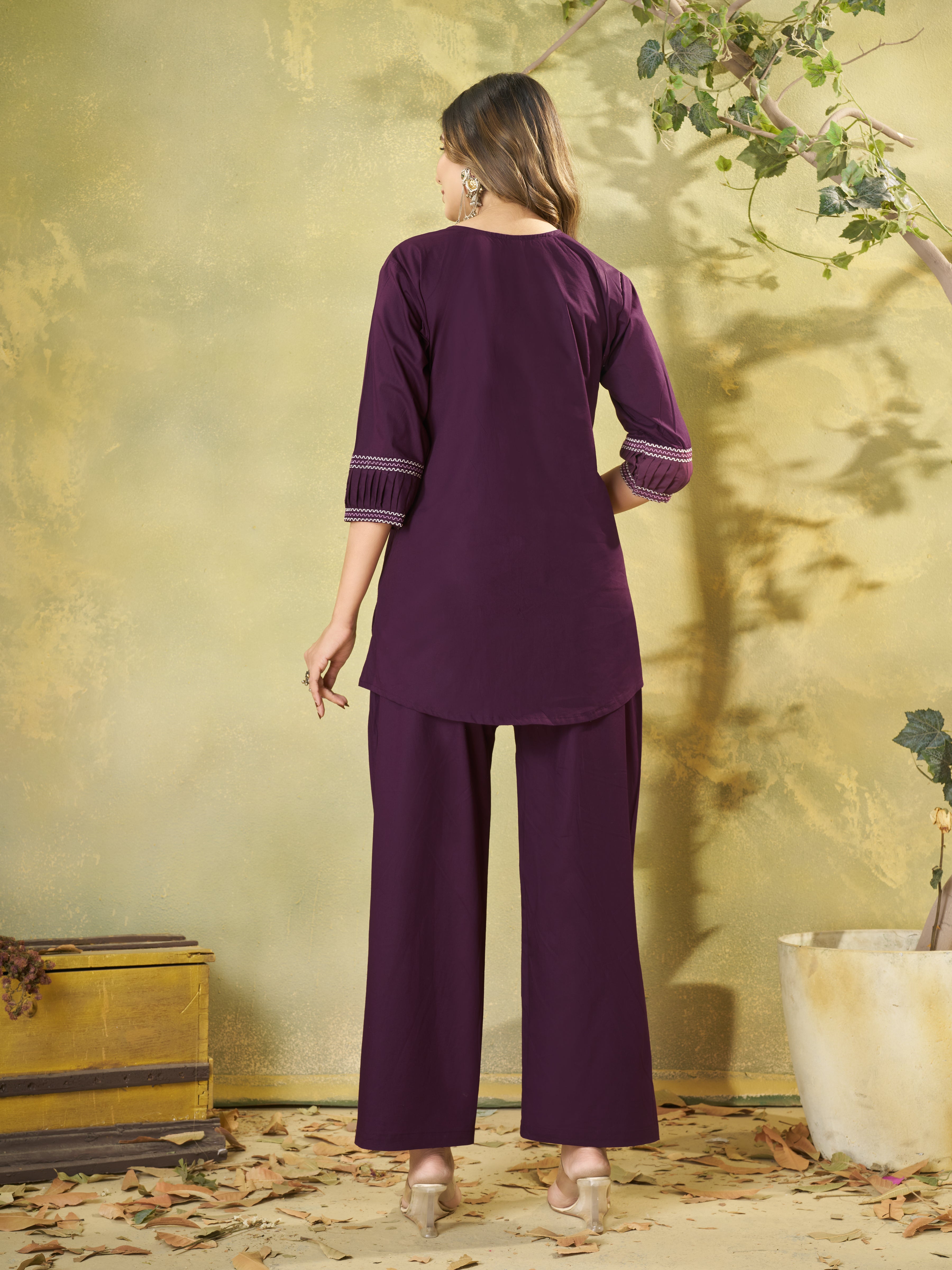 Plum Purple Pure Cotton Embroidered Co-Ord Set