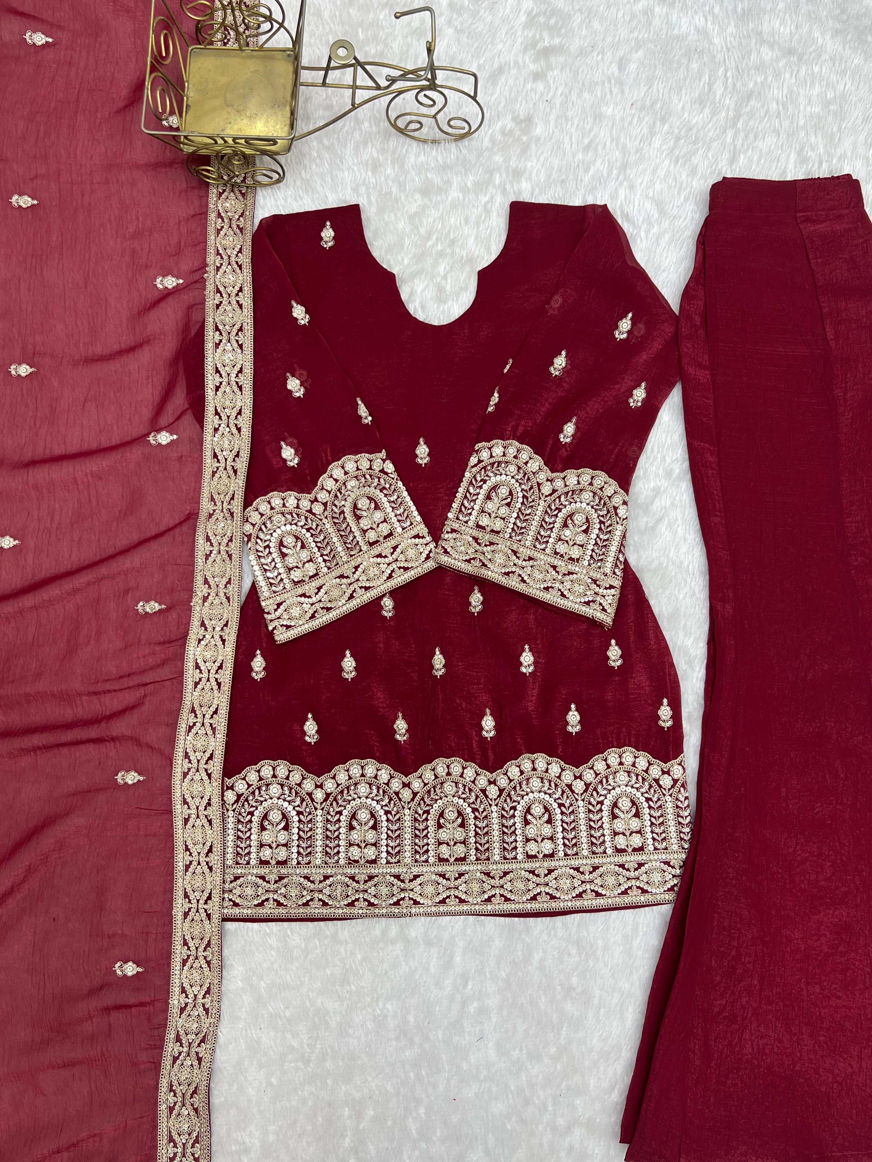 Wine Crunchy Silk Embroidered Kurta Palazzo Set with Dupatta | Designer Festive Wear