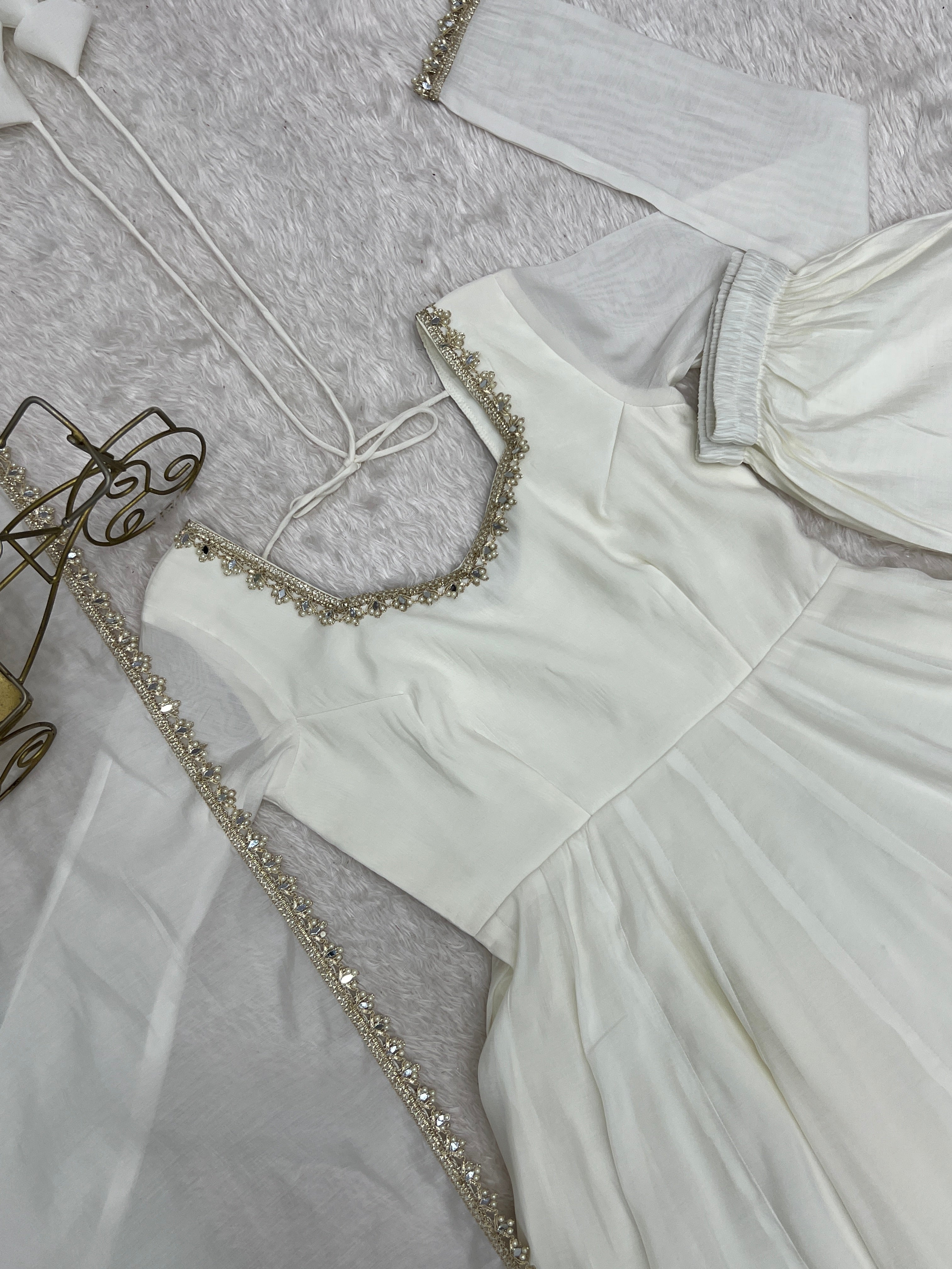 Ivory White Premium Mal Chanderi Anarkali Suit Set with Mirror Work & Dupatta