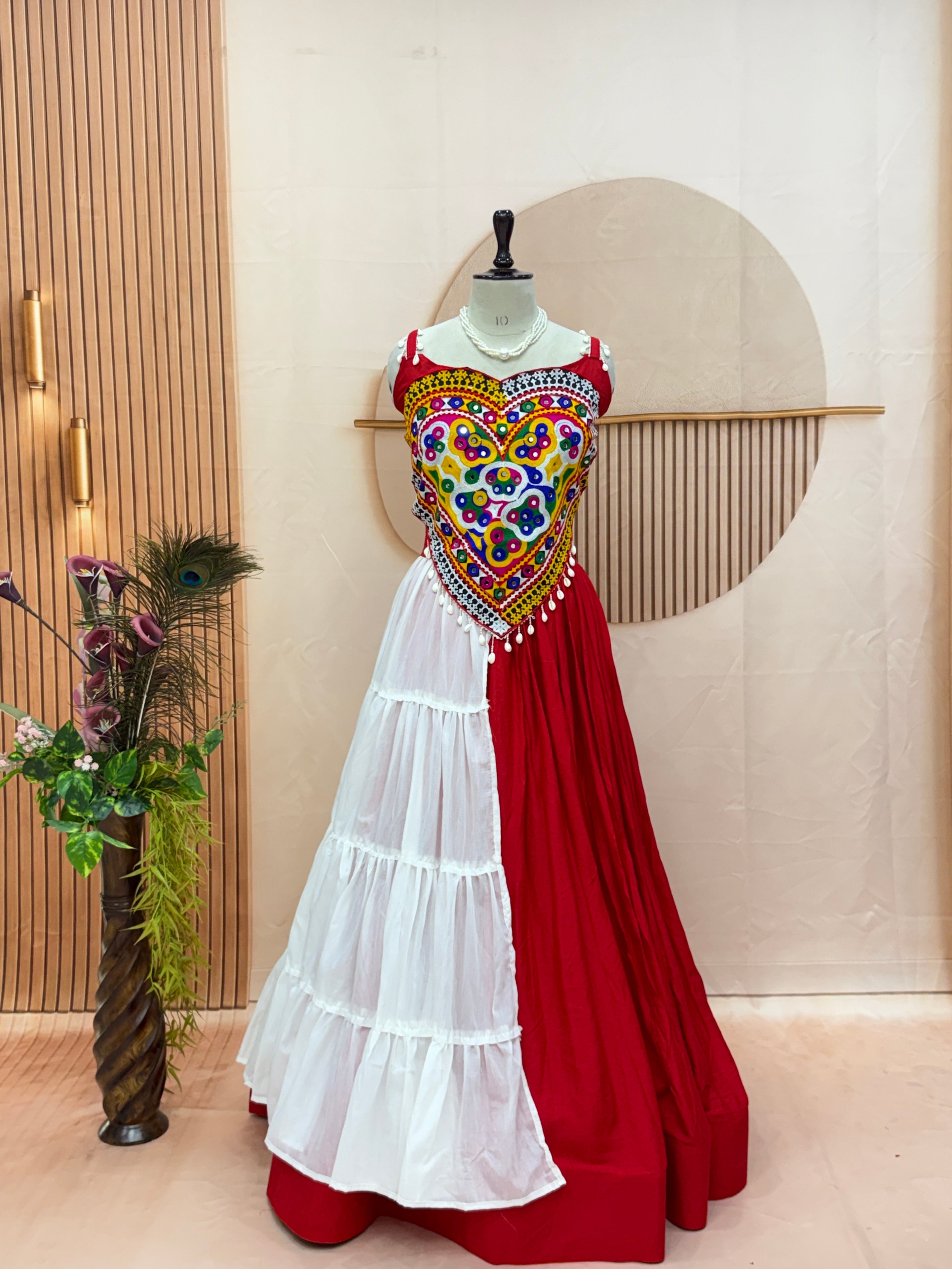 Red & White Gamthi Mirror Work Cotton Lehenga Choli Set for Navratri