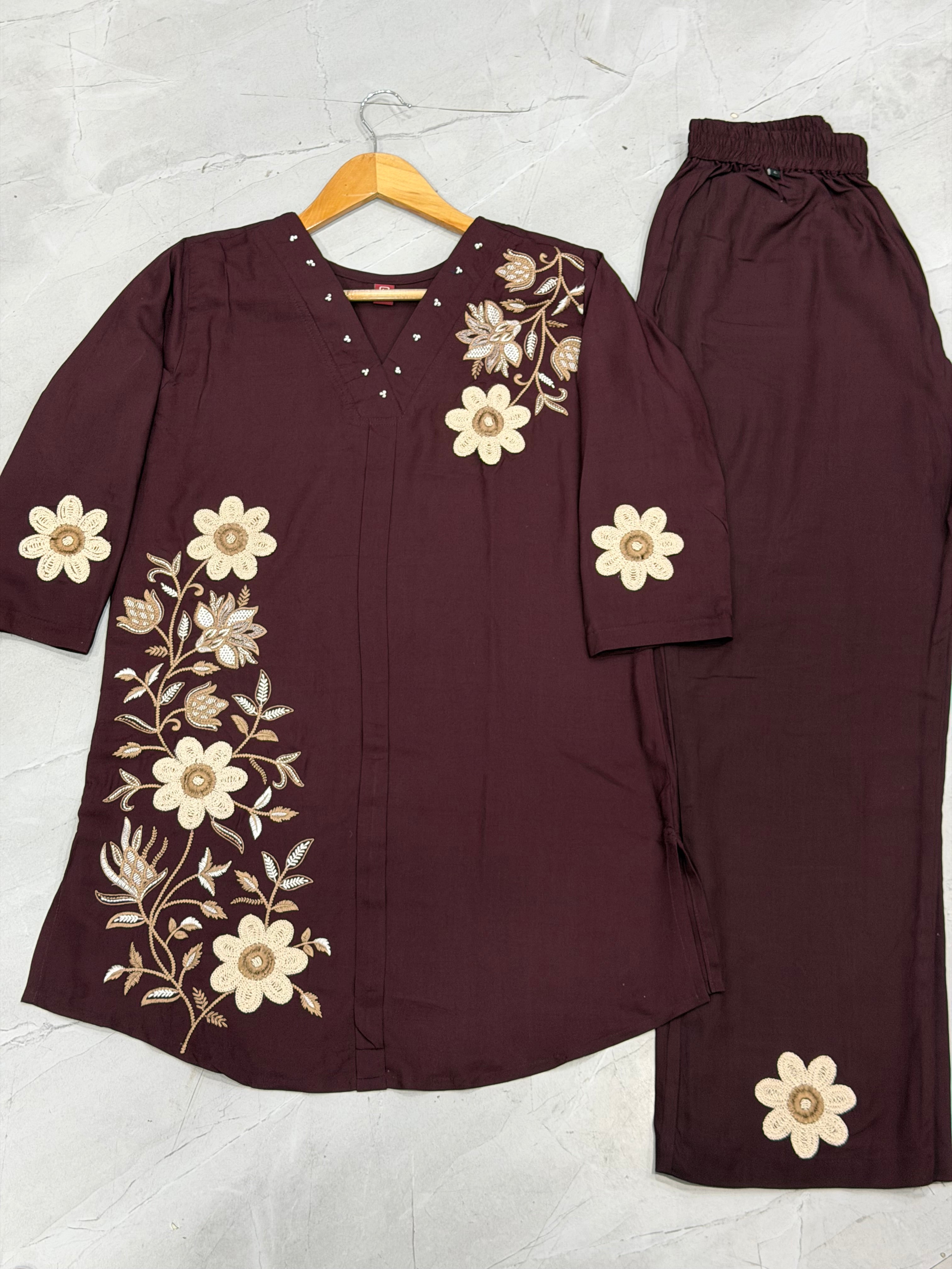 Coffee Brown Heavy Rayon Floral Embroidered Co-Ord Set