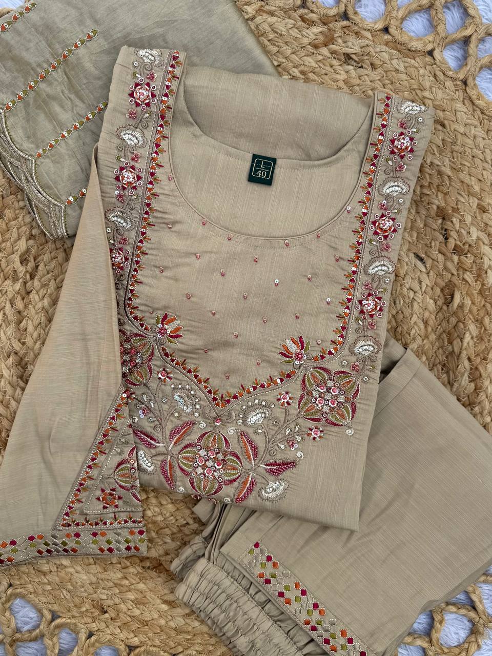 Beige Marina Silk Embroidered Kurti Pant Set with Maslin Dupatta