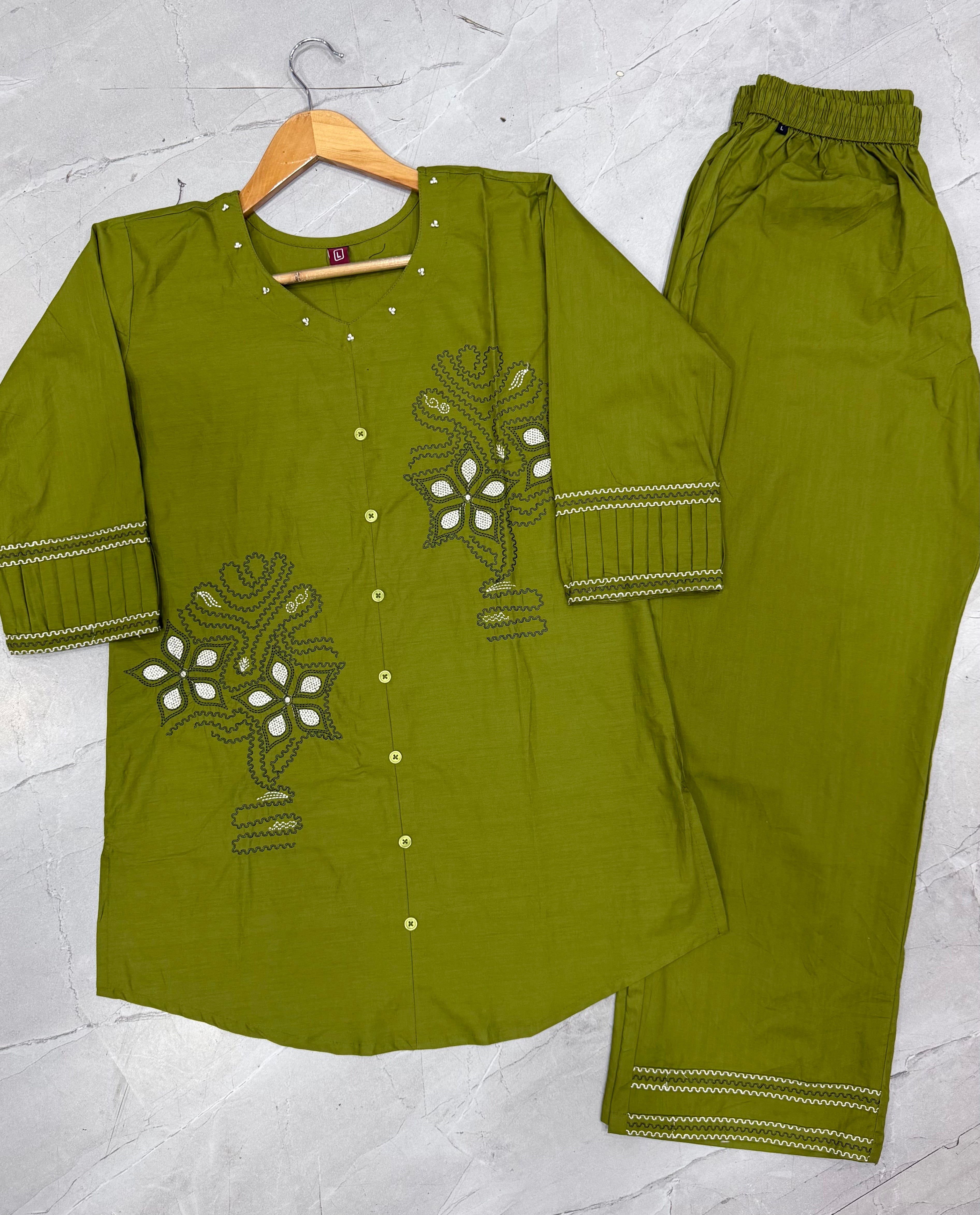 Olive Green Pure Cotton Embroidered Co-Ord Set with Straight Pant