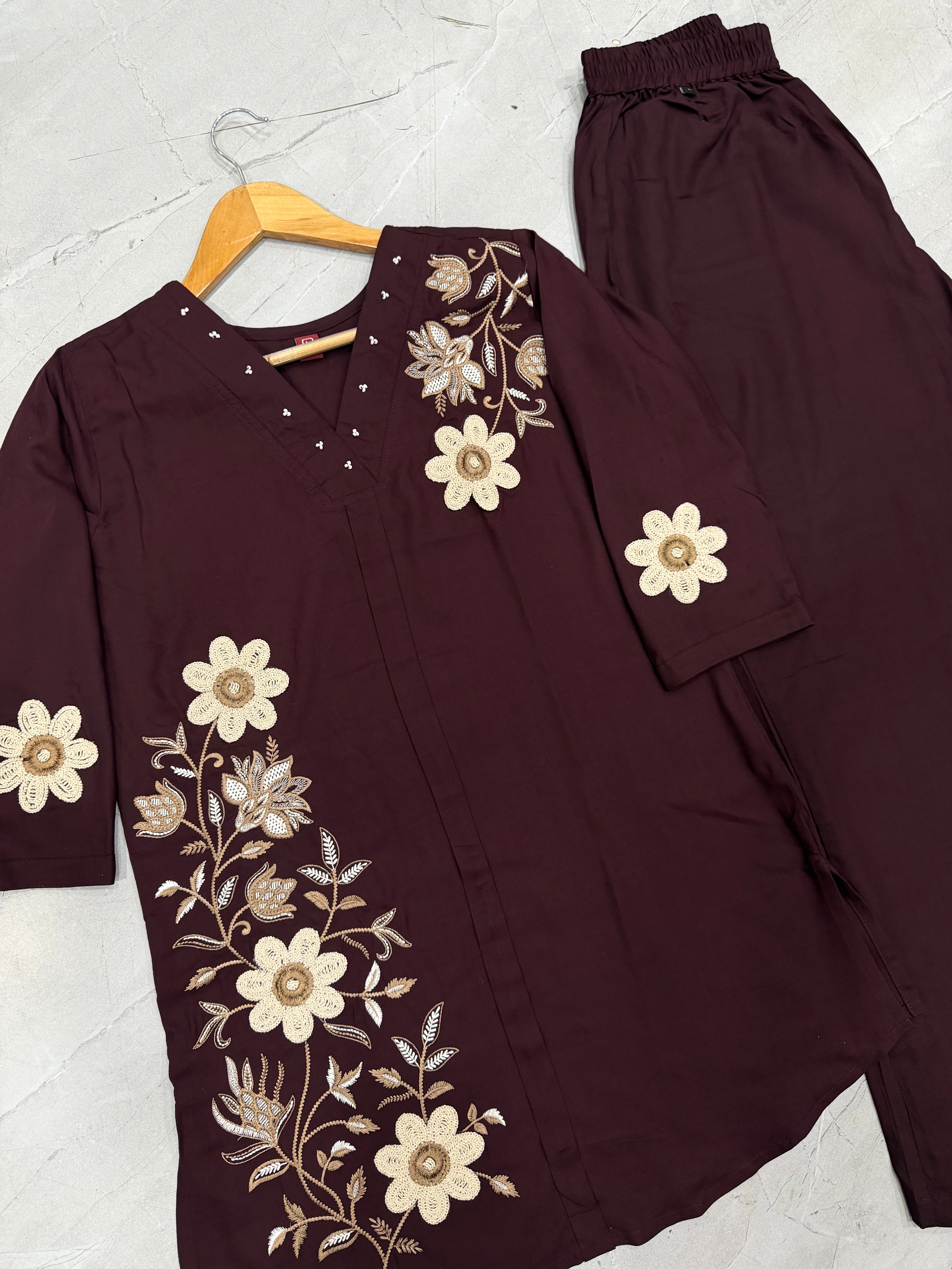 Coffee Brown Heavy Rayon Floral Embroidered Co-Ord Set