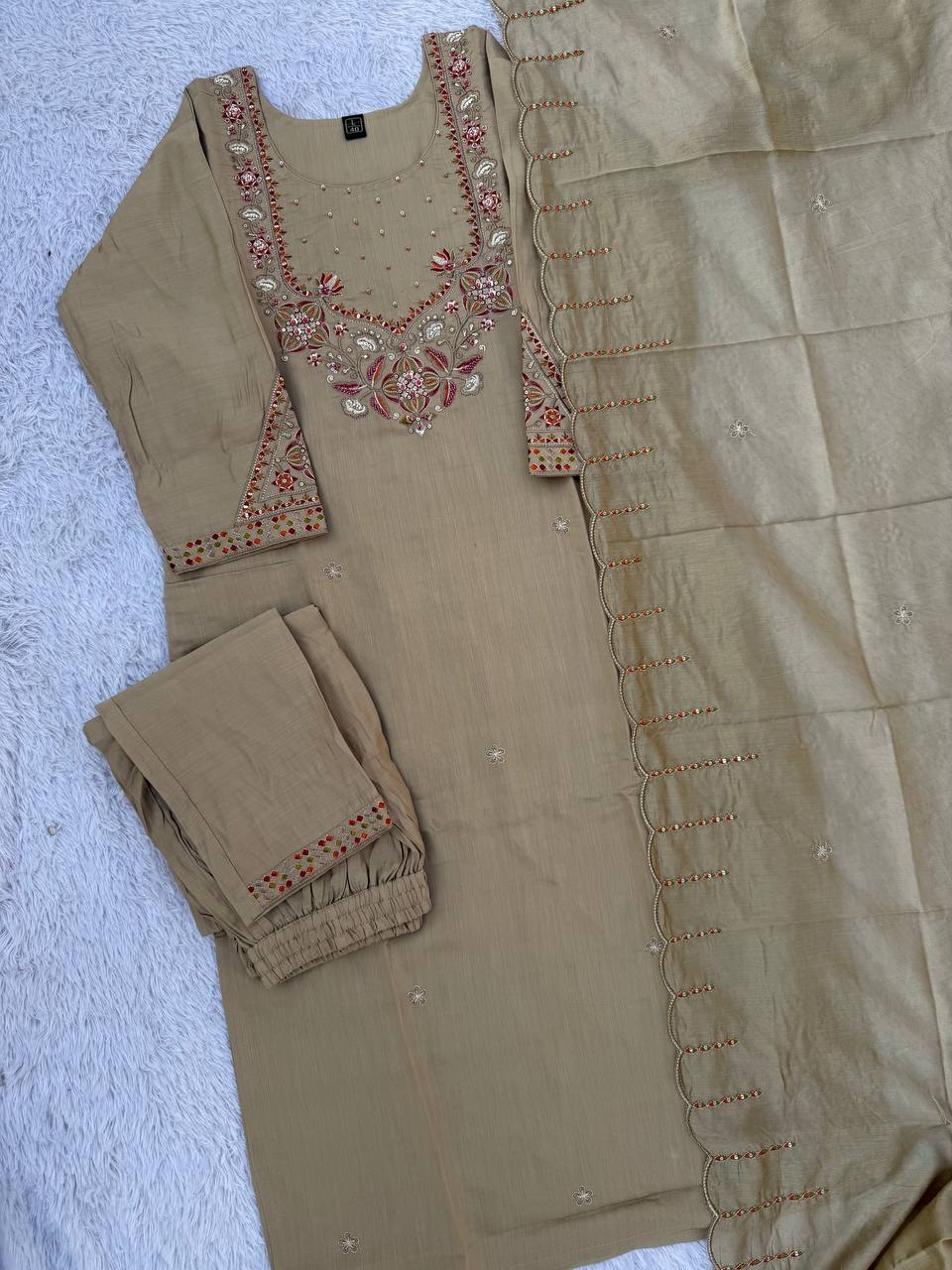 Beige Marina Silk Embroidered Kurti Pant Set with Maslin Dupatta