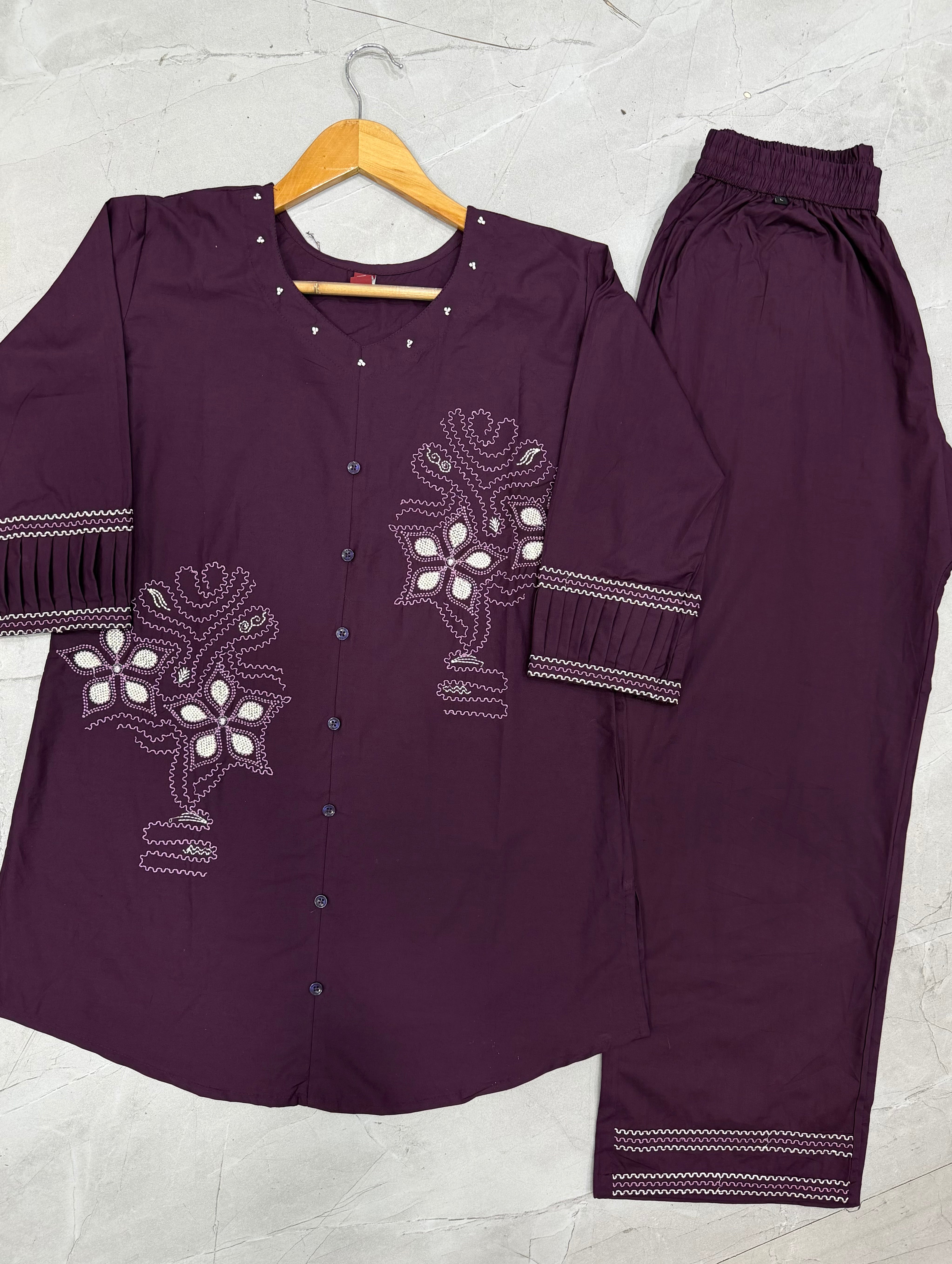 Plum Purple Pure Cotton Embroidered Co-Ord Set