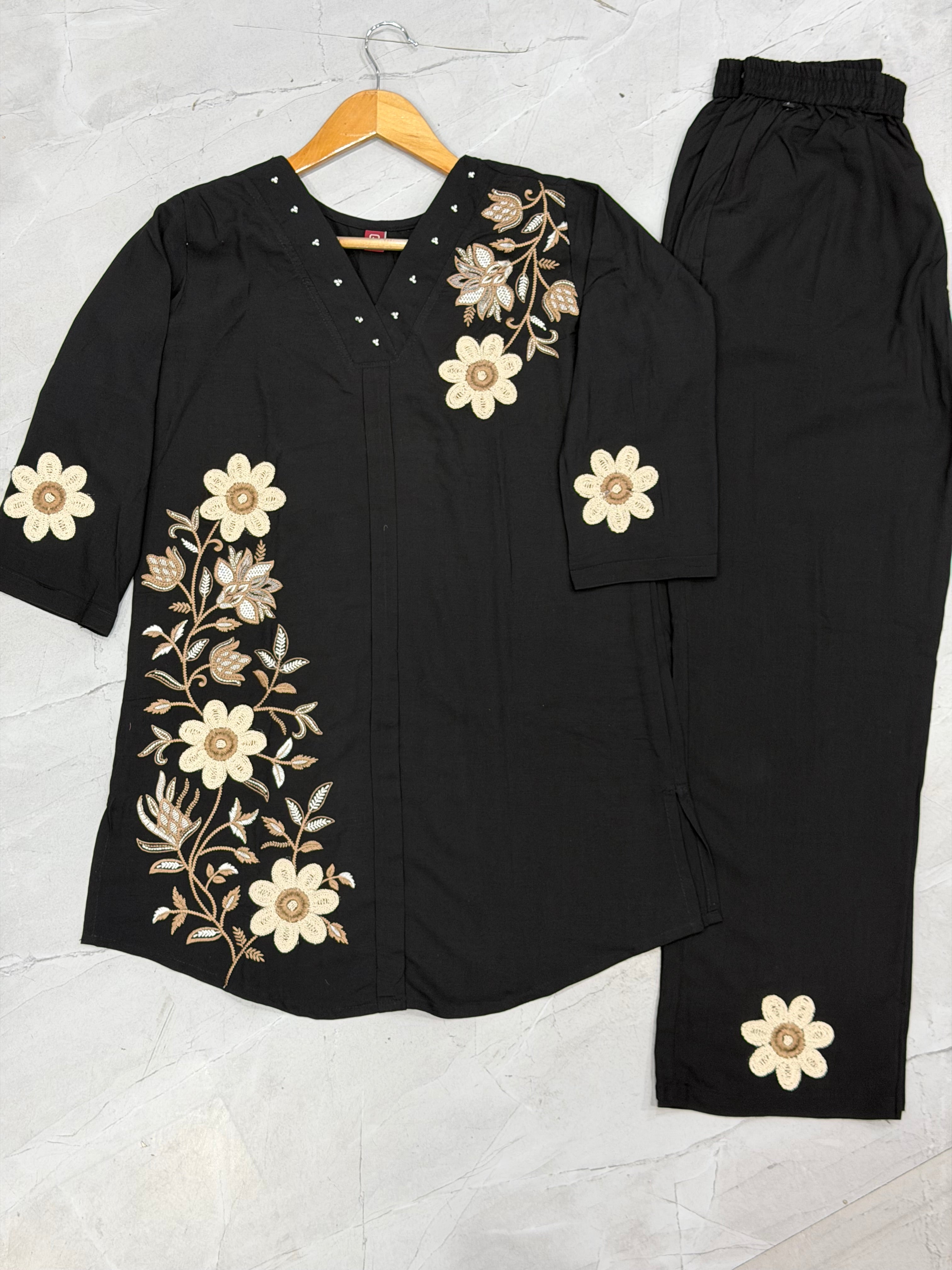 Black Floral Embroidered Heavy Rayon Co-Ord Set for Women
