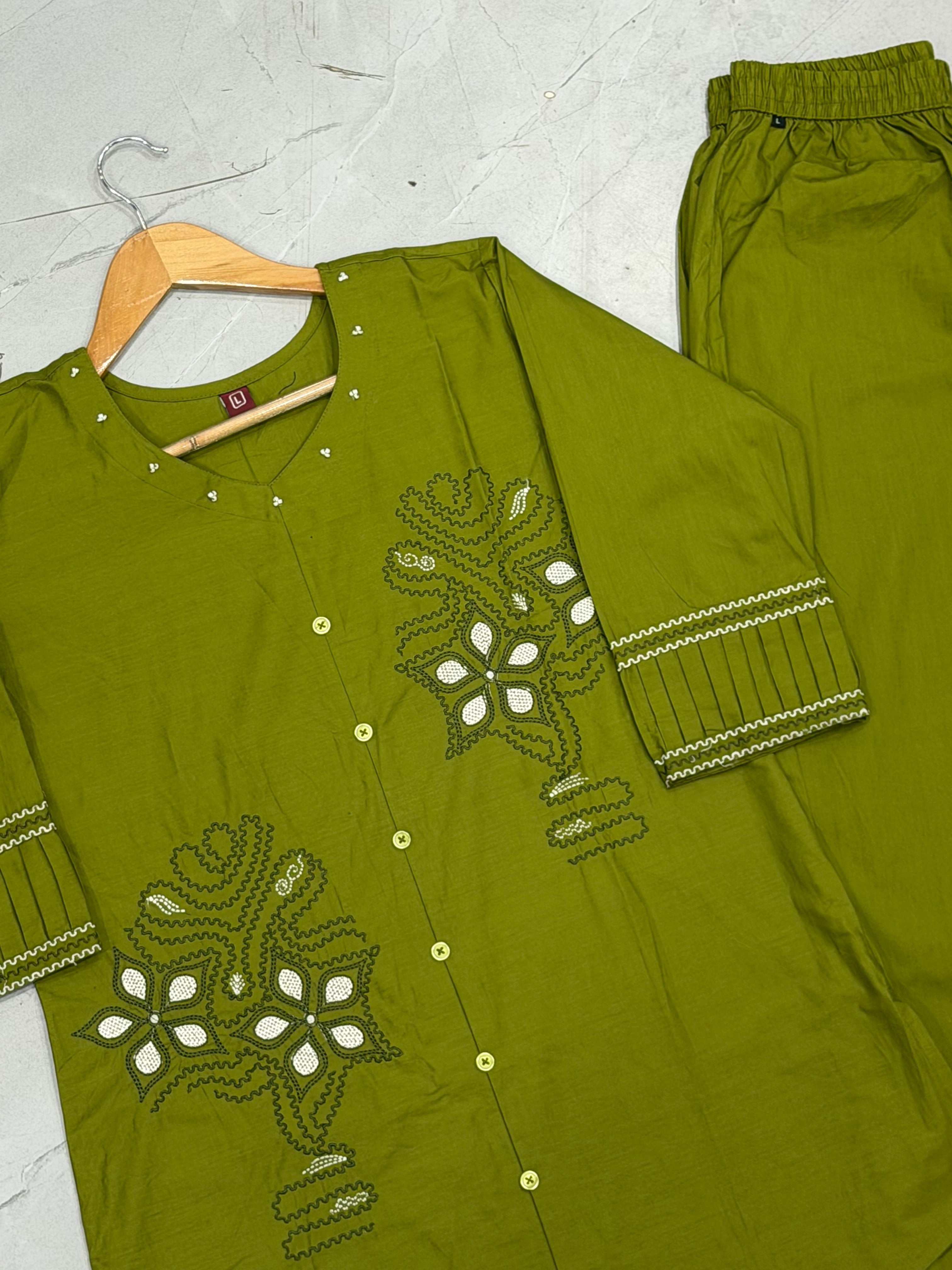 Olive Green Pure Cotton Embroidered Co-Ord Set with Straight Pant