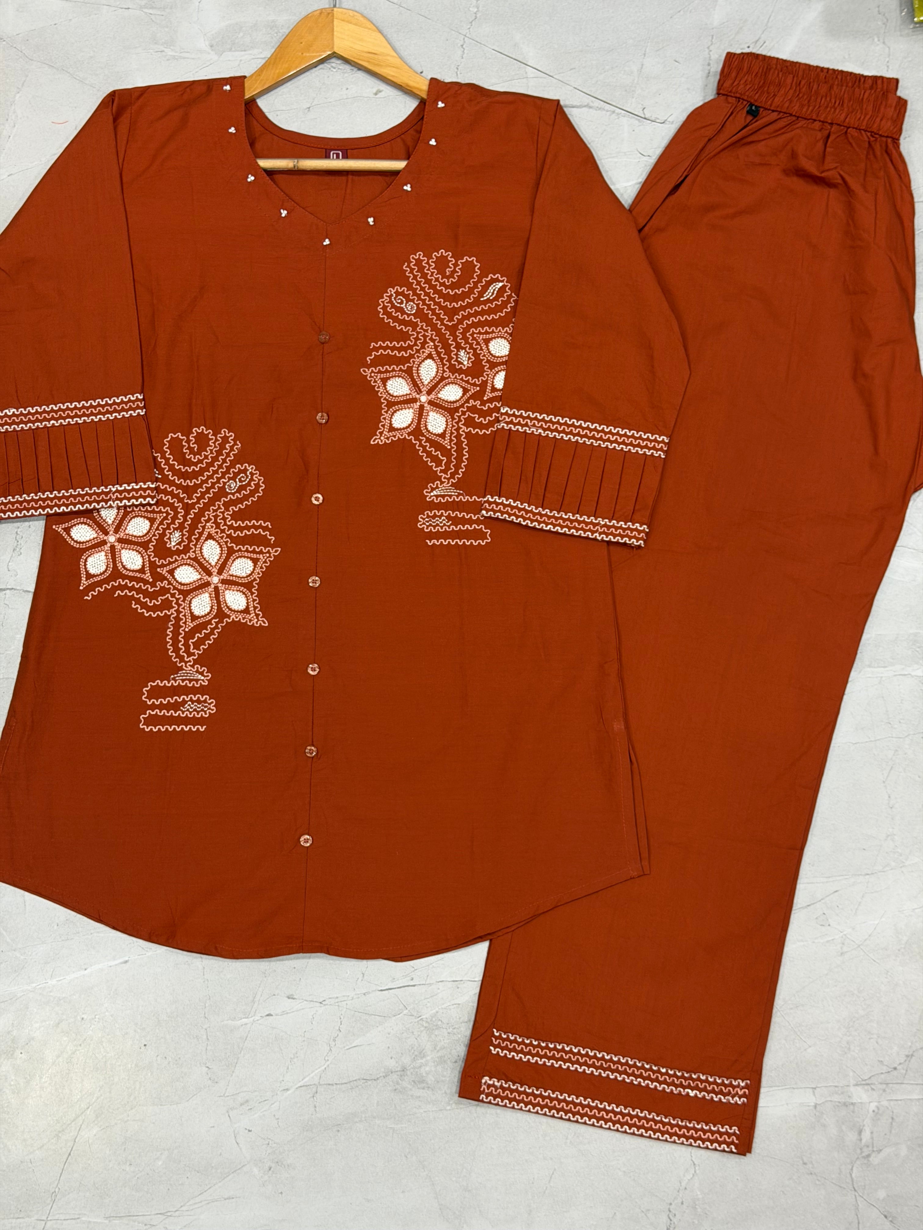 Rust Orange Pure Cotton Embroidered Co-Ord Set with Straight Pant