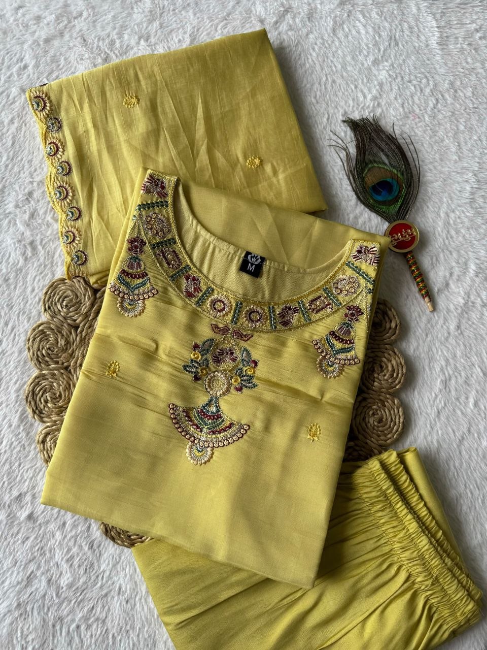 Light Yellow Pure Mul Chanderi Embroidered Kurta Set With Pants & Dupatta